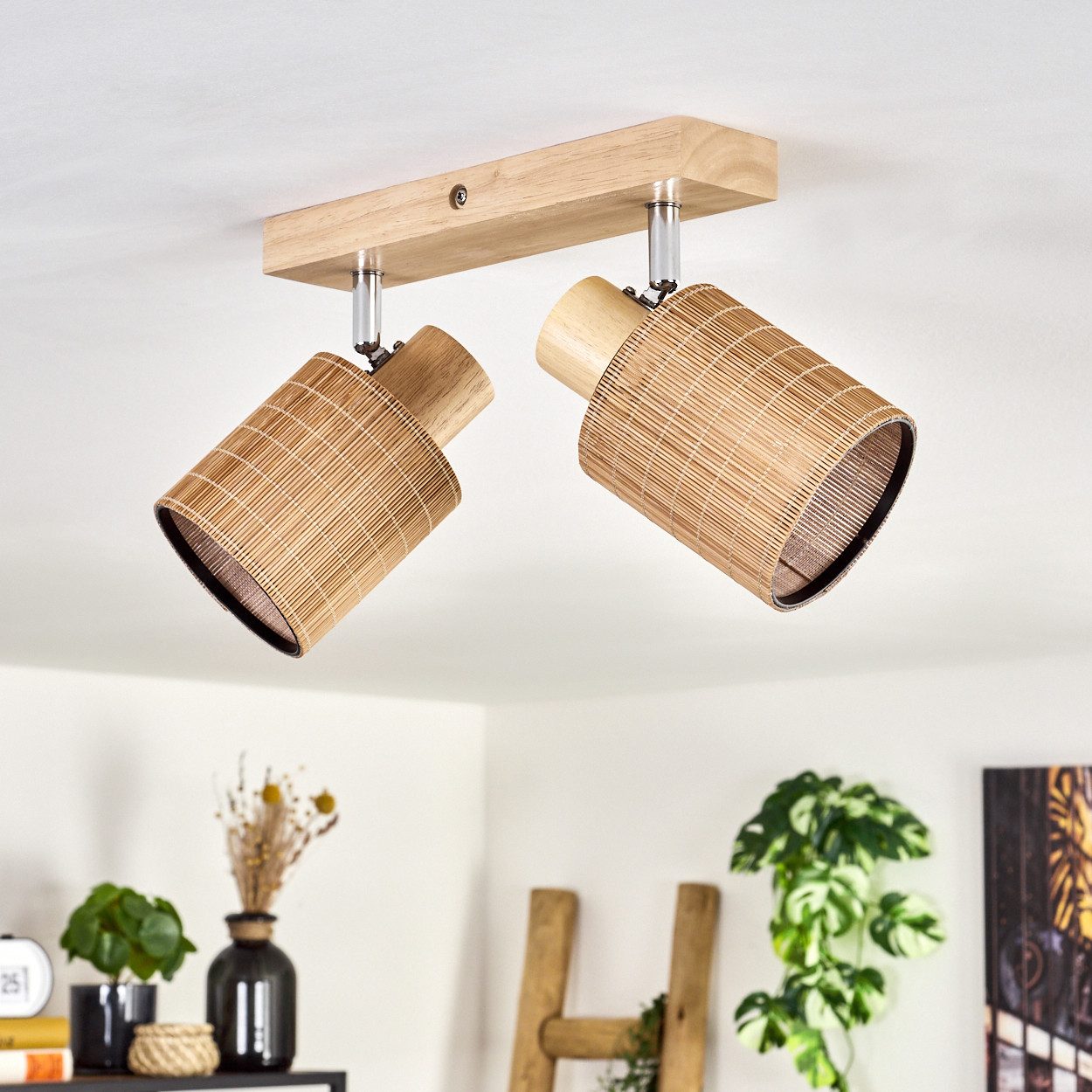hofstein Deckenleuchte Deckenlampe aus Holz/Metall/Bambus in Naturfarben/Chromfarben/Braun, ohne Leuchtmittel, mit verstellbaren Strahlern, 2 x E14, ohne Leucht – Bild 2 von 5