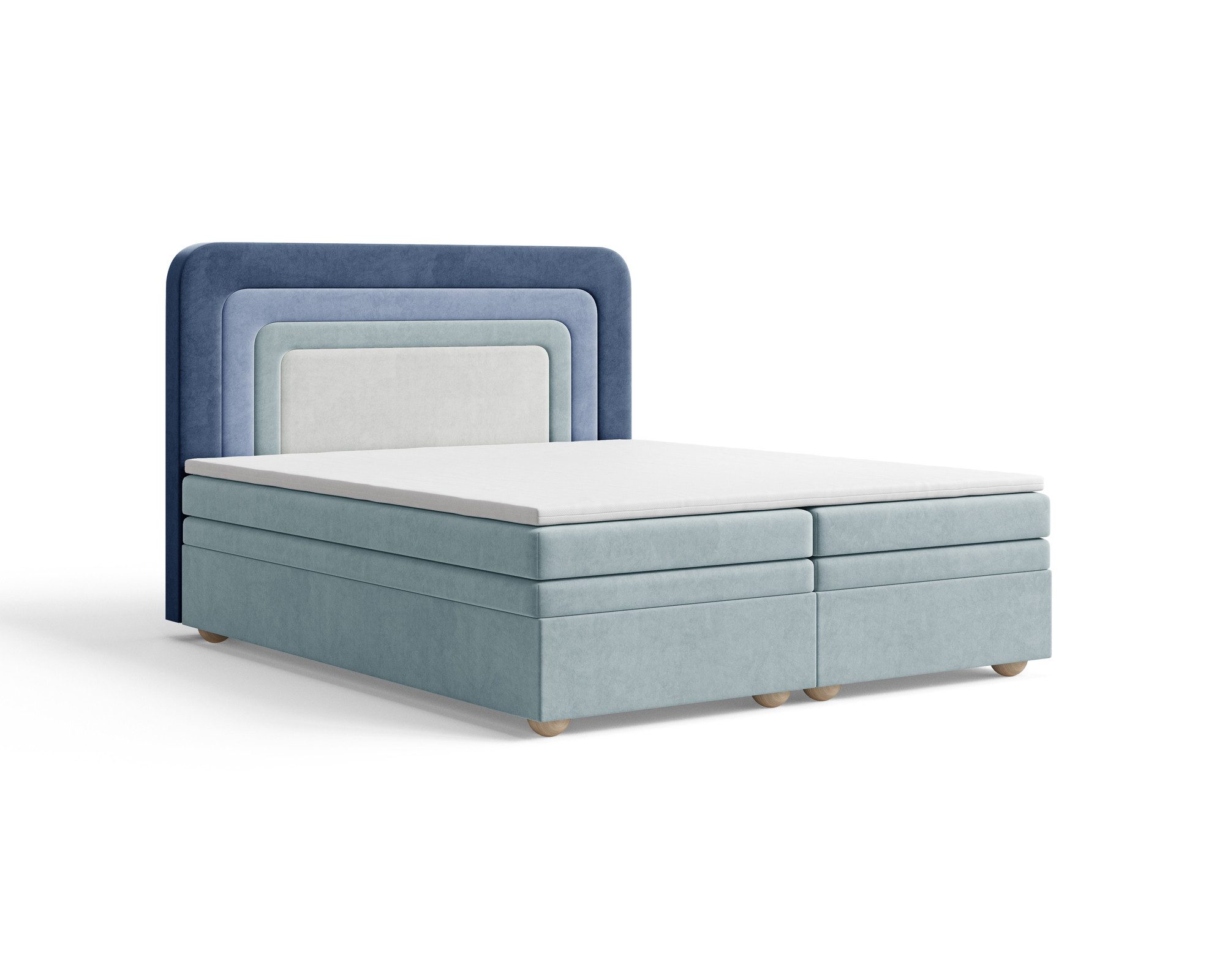MOEBLO Boxbett NEST (Marineblau, regenbogenförmige abgerundete Kopfstütze, mit Bettkasten, Samt, Velour, Bonell + Topper, Doppelbett - 140x200 cm), (BxHxT): 143 / 163 / 183 x 113 x 214 cm