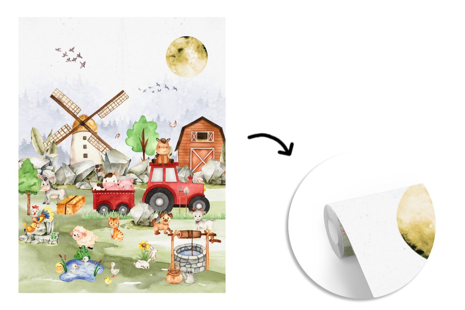 MuchoWow Fototapete Bauernhof - Traktor - Kinder - Tiere, Matt, bedruckt, Wallpaper für Wohnzimmer, Schlafzimmer, Vinyl Tapete, 165x220 cm