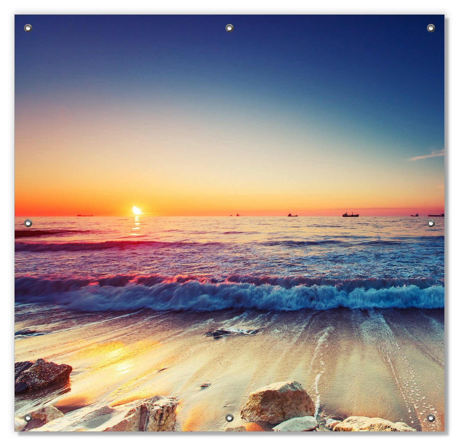 und am Meer blickdicht, Wallario, wiederverwendbar wiederablösbar Strand, Sonnenschutz Sonnenuntergang mit Wellen am mit Saugnäpfen,