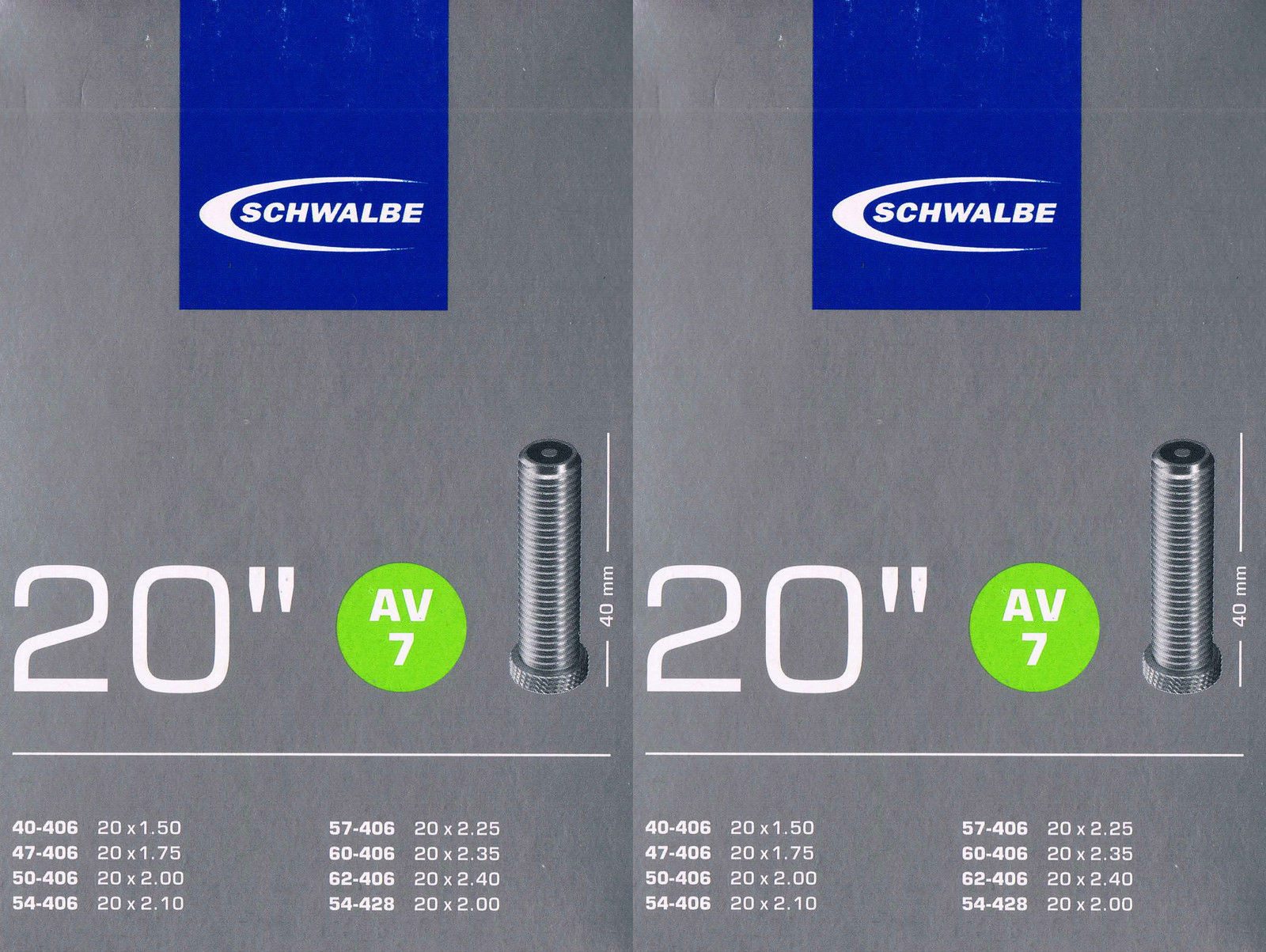 Fahrradschlauch 2x Schwalbe AV 7 Schlauch 20 " 406 AV7 Autoventil Schraderventil