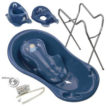 Tega-Baby Babybadewanne 5 Teile SET AB- METEO Blau + Ständer Grau -Abflussset Babybadeset, (Made in Europe Premium.set), Wanne + Sitz + Töpfchen + WC Aufsatz + Ablauf Set+ Ständer