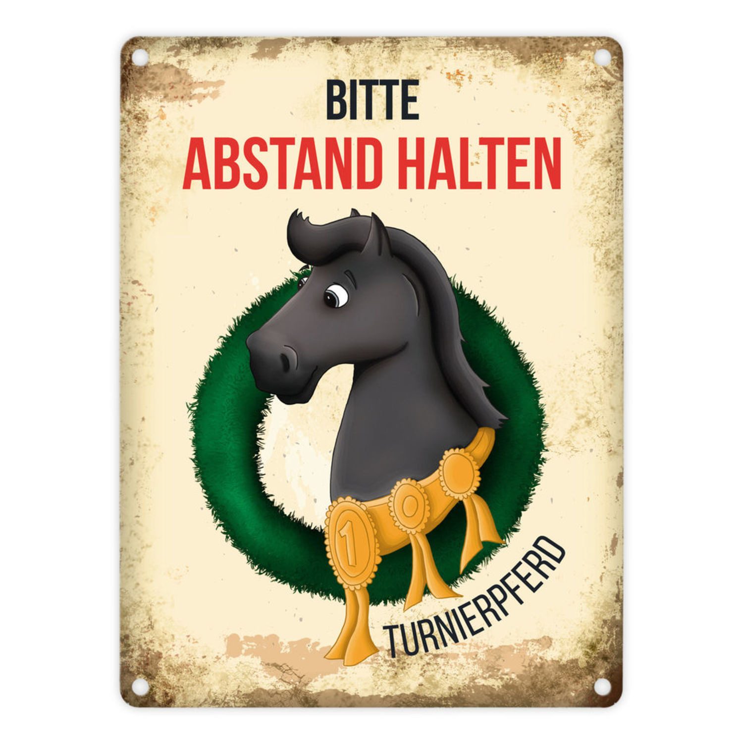 Metallschild Metallschild mit schwarzes Pferd Motiv und Spruch: Bitte Abstand