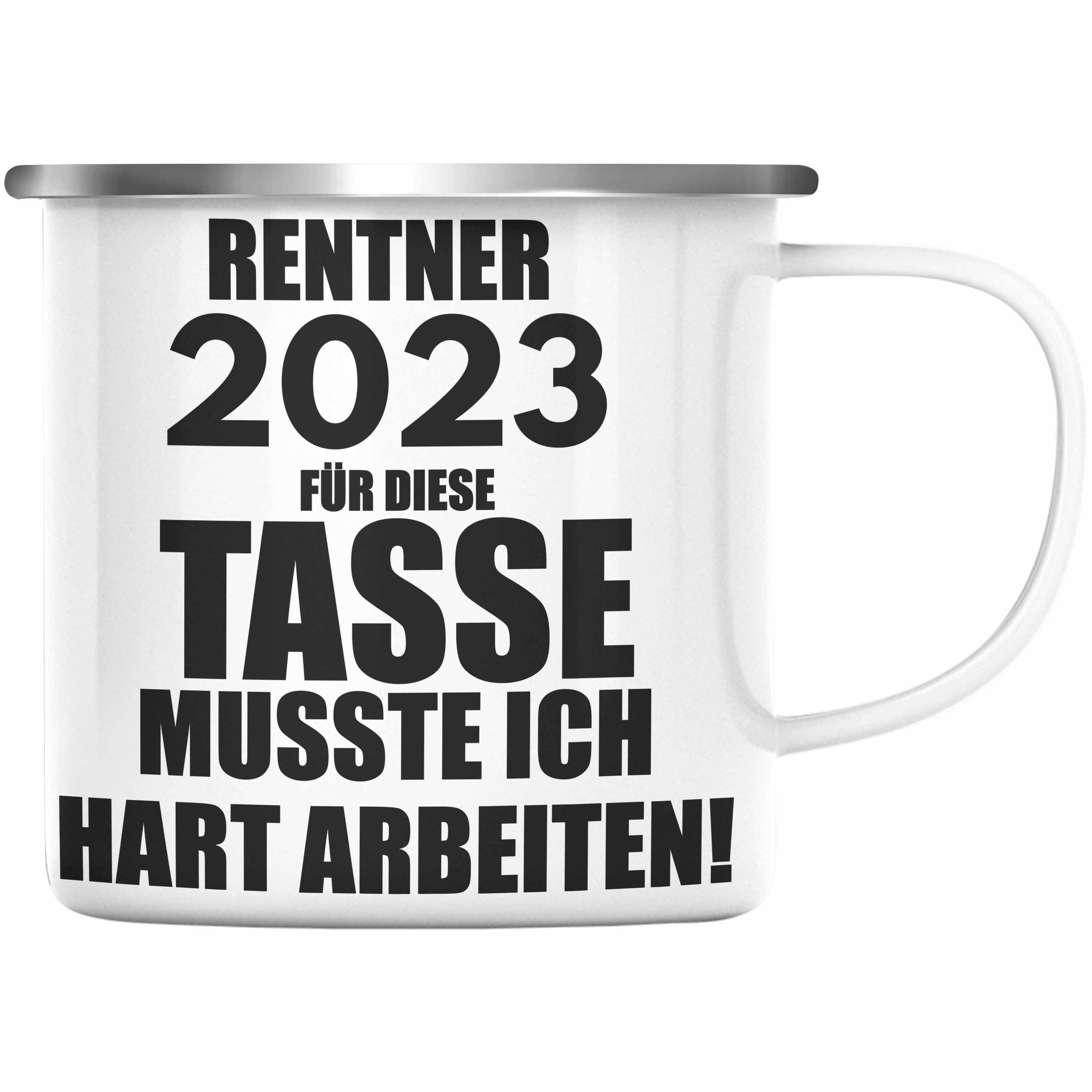 Trendation Thermotasse Trendation - Rente Emaille Tasse 2023 Spruch Ruhestand Rentner Silber