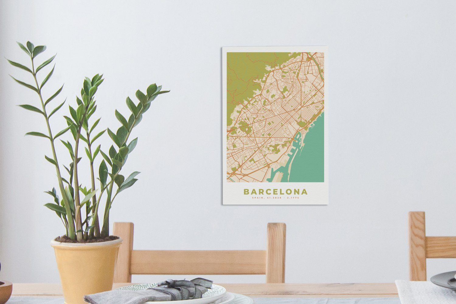 - - (1 Gemälde, Leinwandbild Karte inkl. fertig Vintage, cm Zackenaufhänger, Leinwandbild St), Stadtplan OneMillionCanvasses® 20x30 Barcelona - bespannt