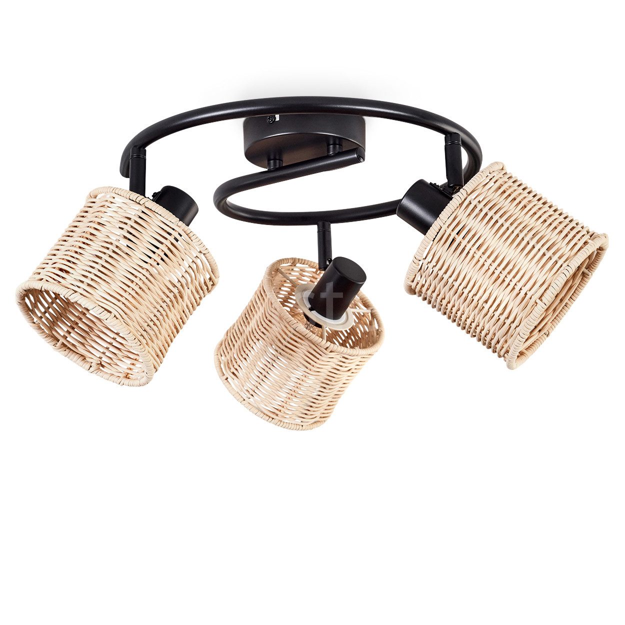 hofstein Deckenleuchte moderne Deckenlampe aus Metall/Rattan in Schwarz/Natur, ohne Leuchtmittel, mit verstellbaren Strahlern, runde Leuchte, 3 x E14, ohne Leuchtmittel