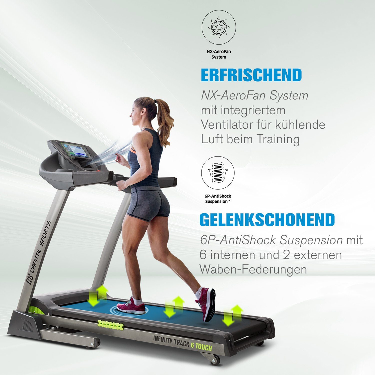 Capital Sports Laufband Infinity Track 6.0, Treadmill Laufbahn mit Pulssensor 36 Programme klappbar Bodenrollen