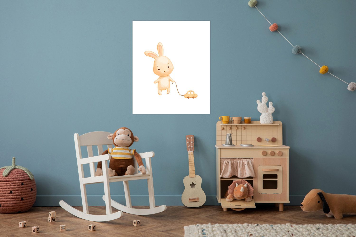 Bild mit Rahmen oder Poster, Hase mit Spielzeugauto