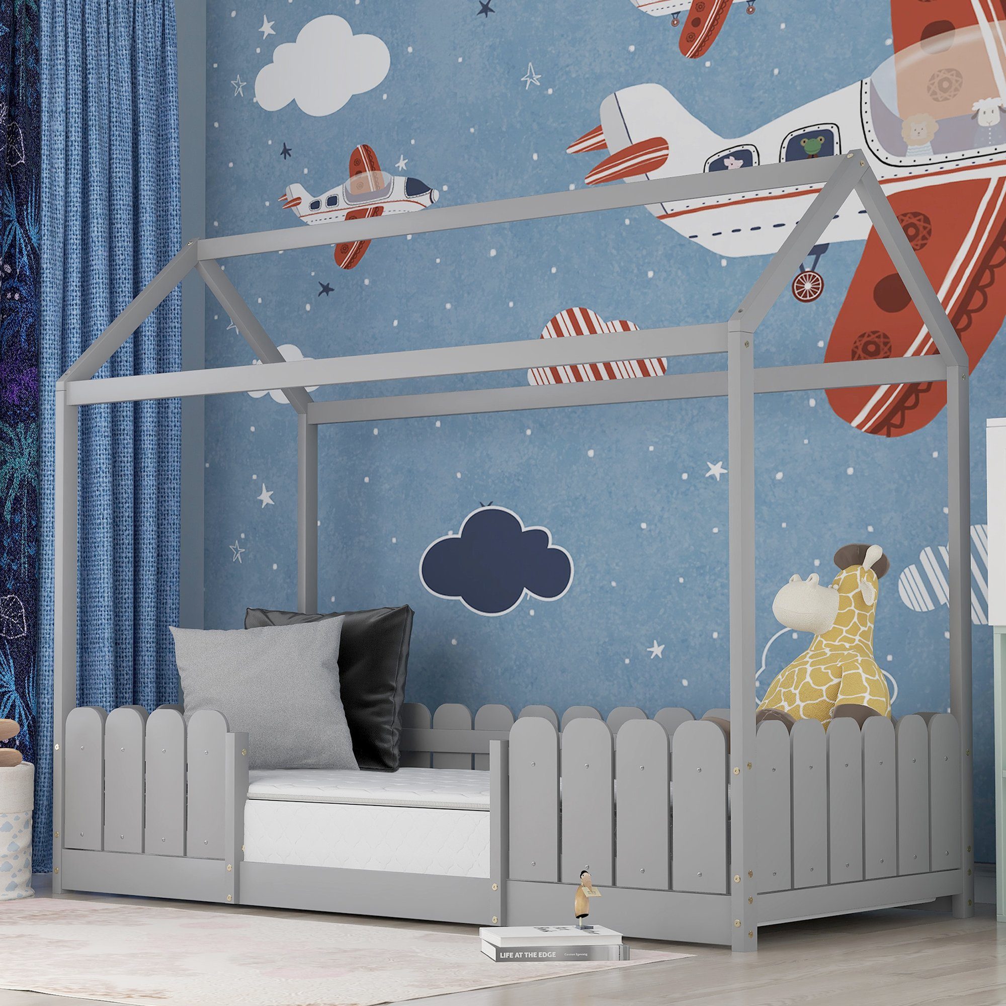 WISHDOR Kinderbett Kinder Bett Jugendbett Holzbett Massivholzbett Hausbett 90x200 cm (Kinderhaus mit Rausfallschutz Zaun mit Lattenrost ohne Matratze), aus Kiefer Holz Grau