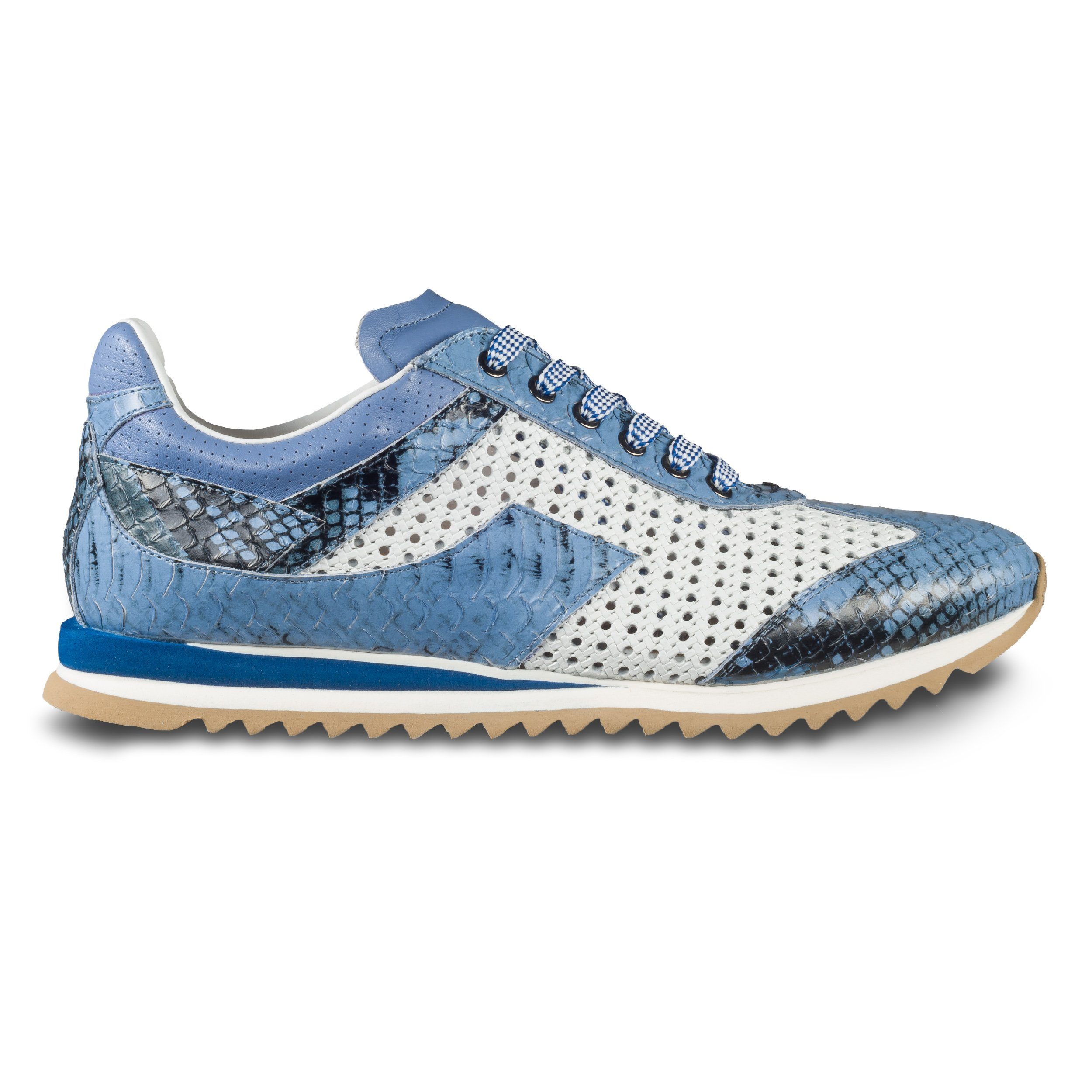 Lorenzi Lorenzi Herren Sneaker blau/weiß, Leder Schlangen-Prägung & perforiert Sneaker Handgefertigt in Italien