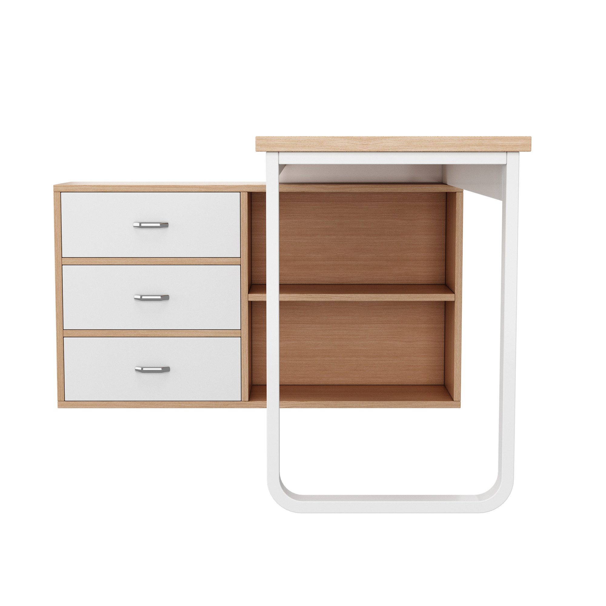Flieks Eckschreibtisch Schreibtisch/Kommode mit Schubladen (Schrankmaße: 100x30x63 cm/Tischmaße: 135x50x75,3 cm, 2-St., aus MDF&Stahlgestell), L-förmig Bürotisch Arbeitstisch Computertisch mit Stauraum, Natur/Weiß