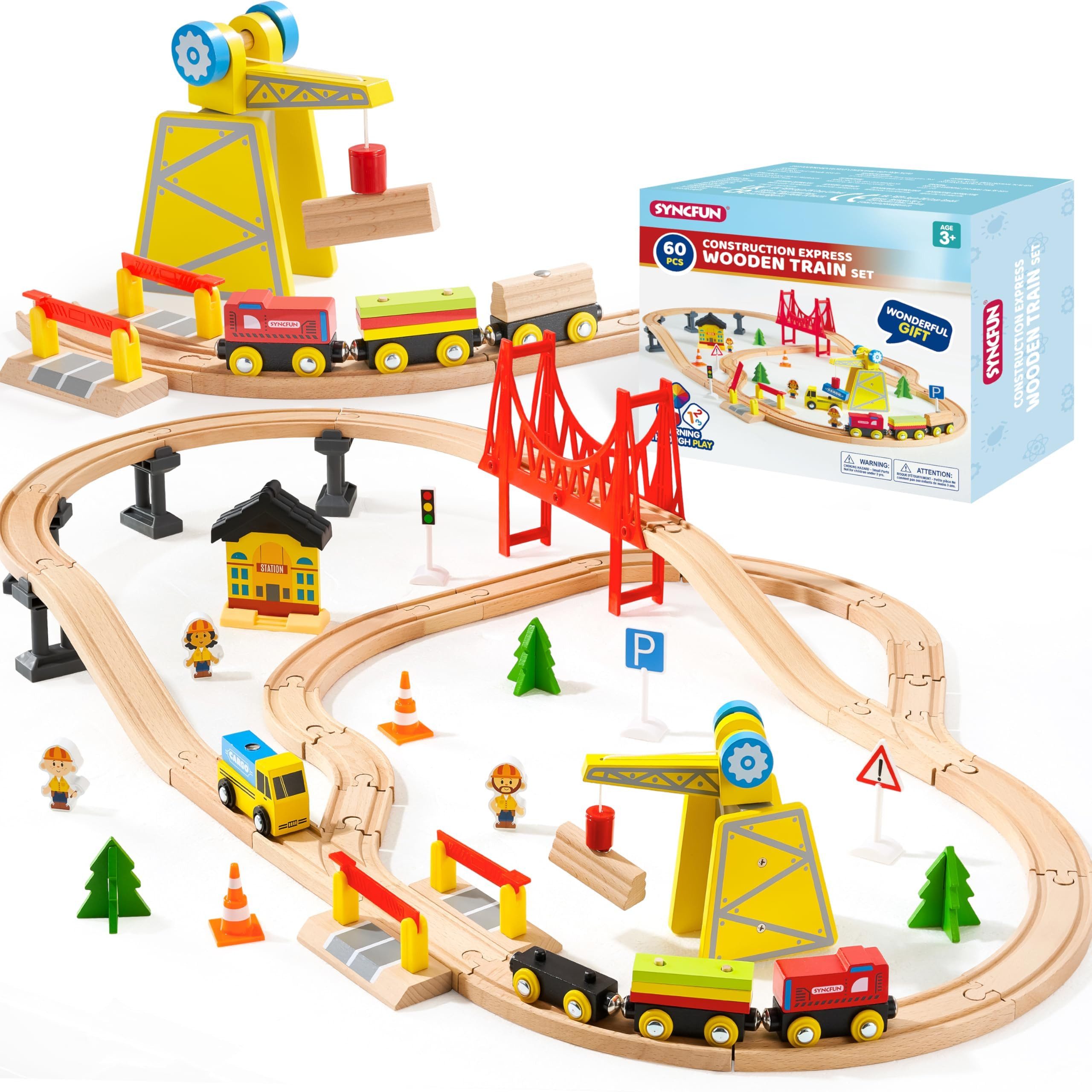 SYNCFUN Spielzeugeisenbahn-Set SYNCFUN 60-teiliges Montessori Holzeisenbahn Set Spielzeug ab 3 Jahren, (60-tlg)