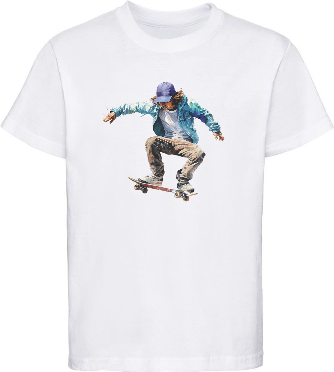 T-Shirt Kinder Print Shirt springender Skateboarder in Ölfarbenoptik