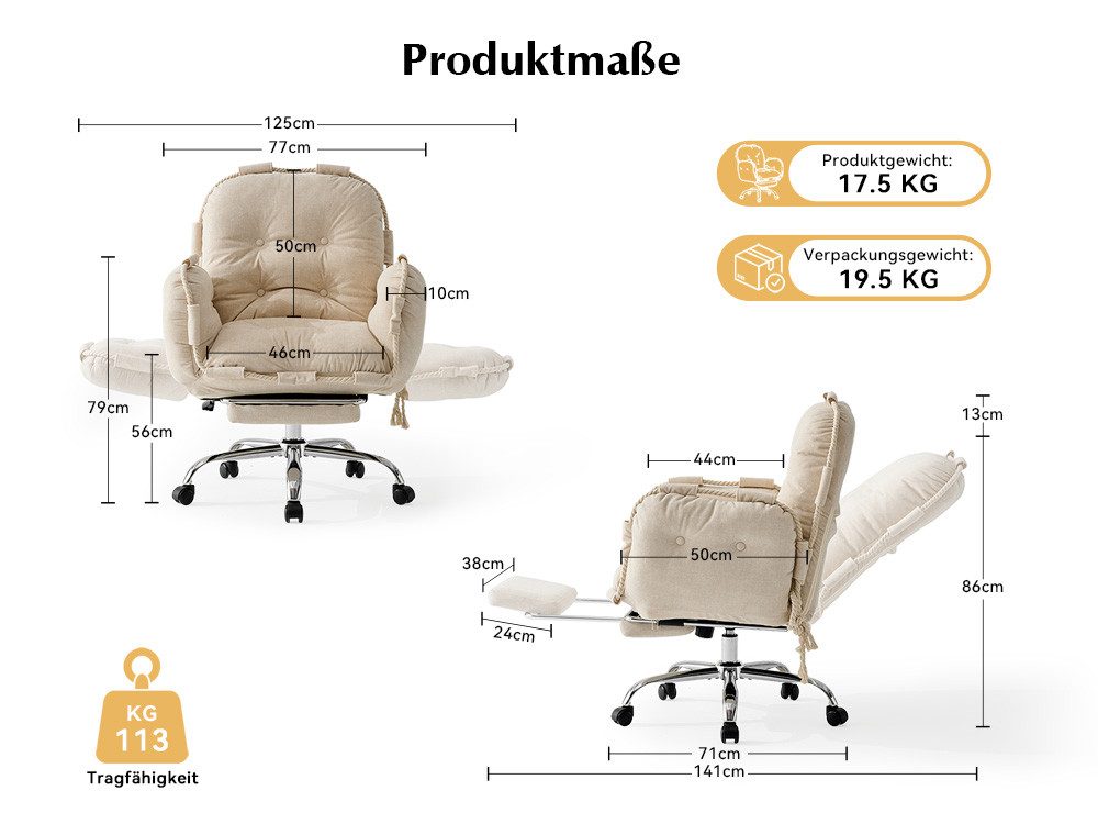 DEKKETO Bürostuhl Ergonomischer mit Armlehnen, Rückenlehne (1 St), Chenille Bürostuhl mit Wippfunktion und Fußstütze, Belastbar bis 180kg