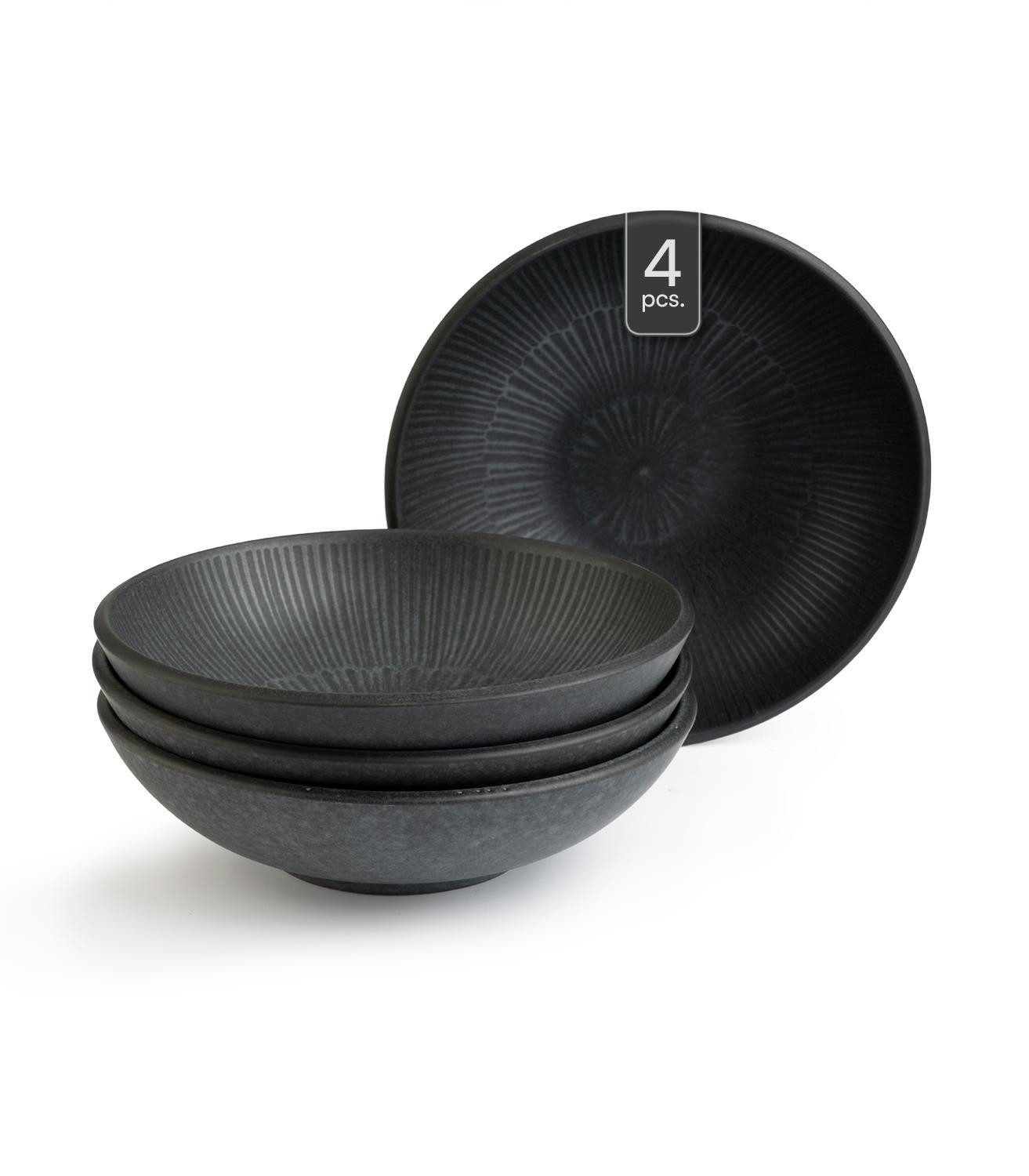 Home4You Suppenteller, 4er Set, Schwarz, Ø 19 cm, Steingut, mit linienförmiger Reliefprägung