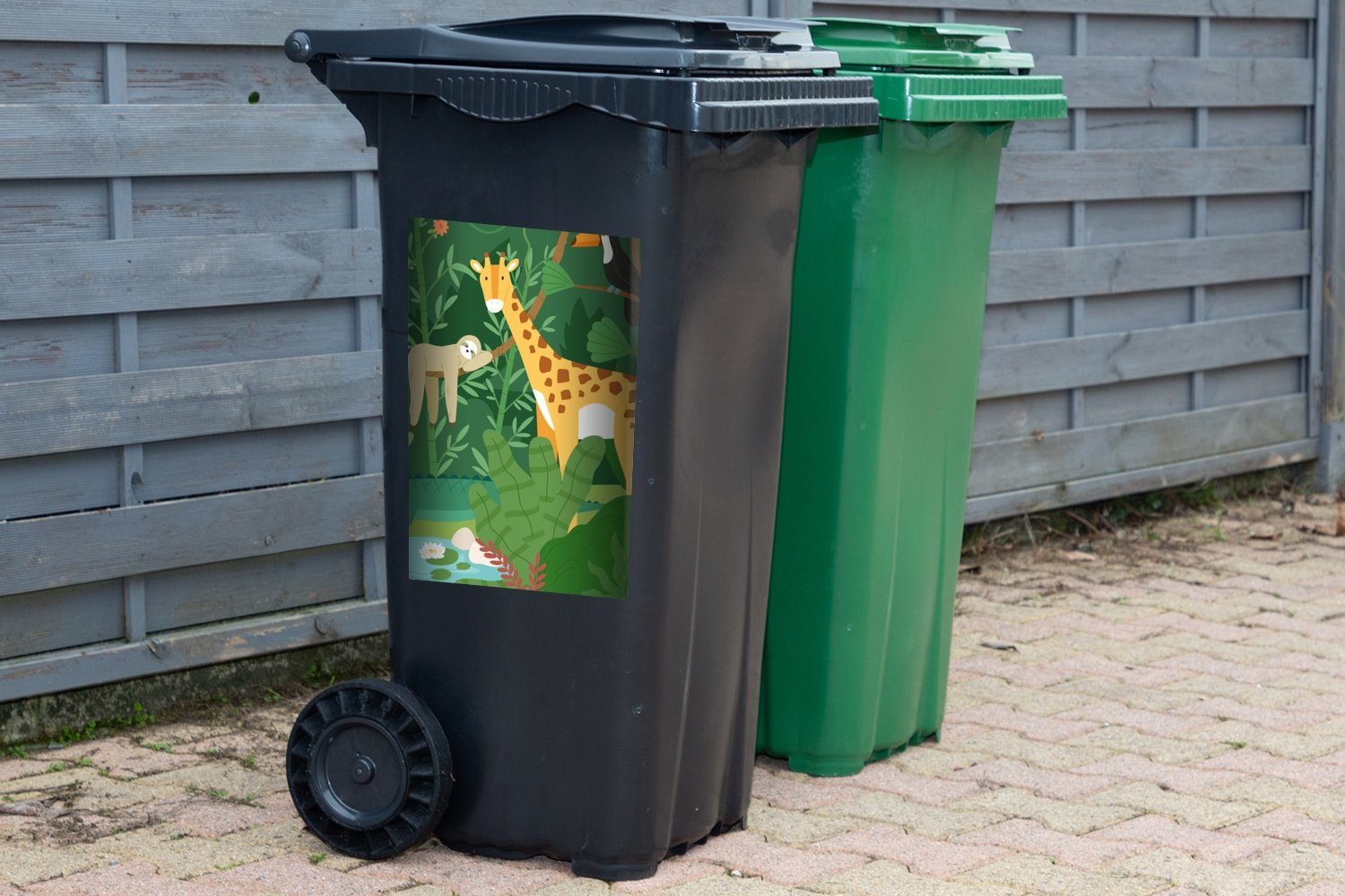 (1 Mülltonne, Container, Giraffe Tukan - Abfalbehälter St), Faultier MuchoWow Dschungel Mülleimer-aufkleber, - - Sticker, Wandsticker
