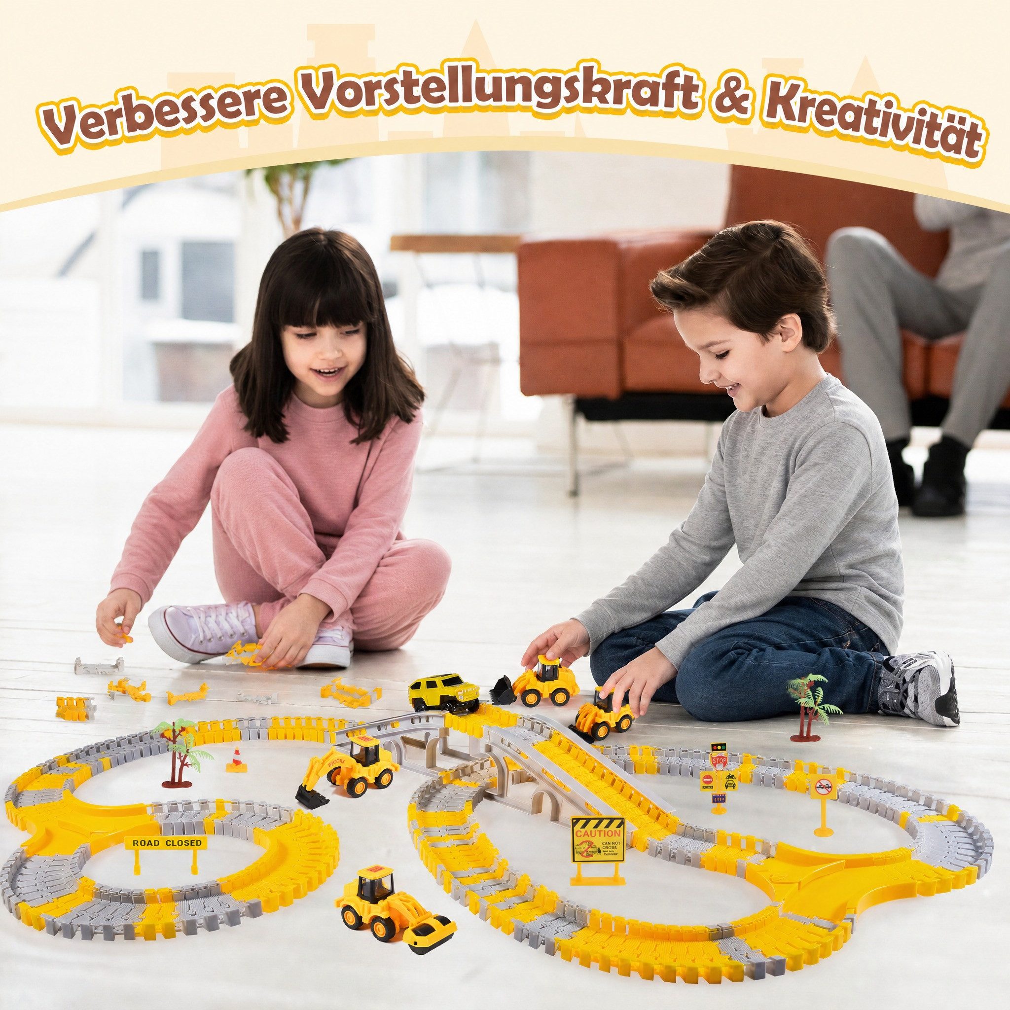 Wootoy Autorennbahn 256-teiliges Baustellen-Rennstrecken-Set mit 5 Spielzeugautos, (Y-Weichen Brücken Verkehrsschilder und Bäume, 256-tlg., 4 Baufahrzeuge mit beweglichen Arbeitsarmen), Spielset mit Streckenelementen für kleine Fahrzeug- und Baustellenfans