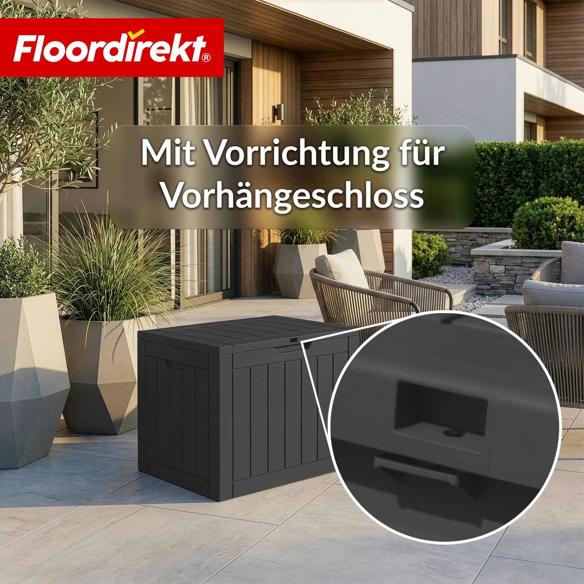 Floordirekt Gartenbox Floordirekt Gartenbox Holz-Optik wetterfeste Kissenbox 118L 270L 300L (Vorrichtung für Vorhängeschloss), Robuste Holz-Optik in Anthrazit o – Bild 5 von 5