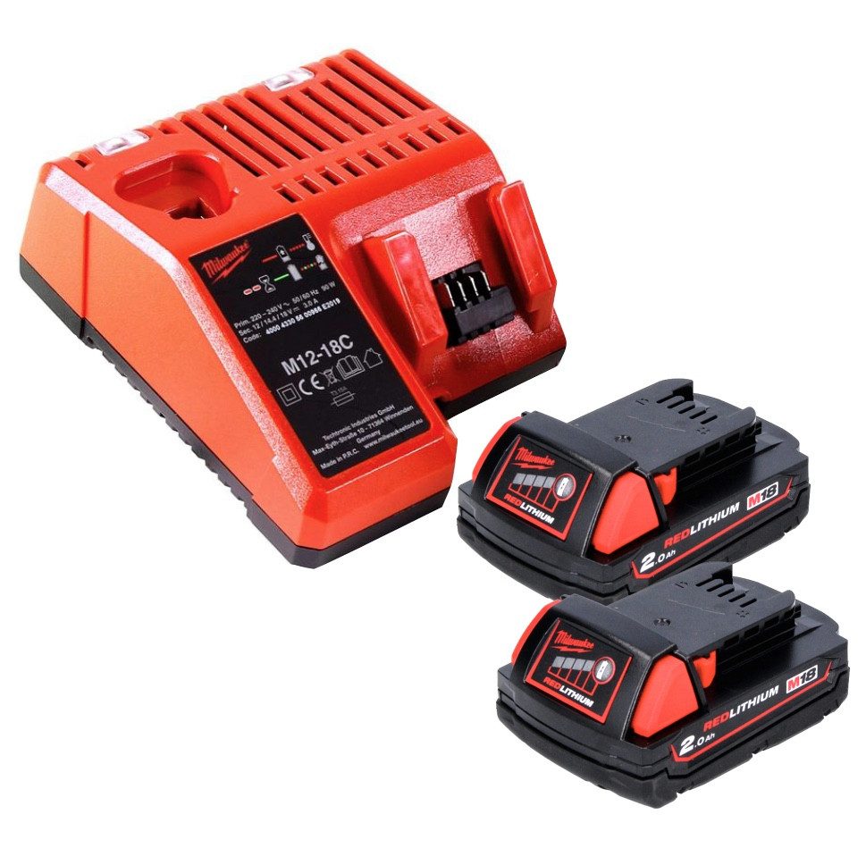 Milwaukee M18 B2 Akku Starter Set 18 V 2x 2,0 Ah (2x 4932430062) + M12-18C Akkupacks