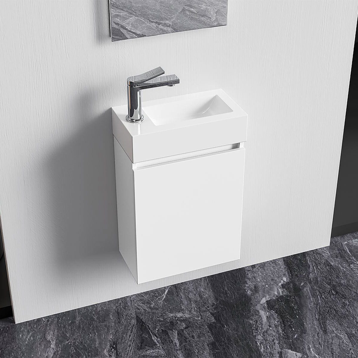 Belvit Badmöbel-Set 40 cm mit MDF‑Unterschrank, Soft‑Close, umkehrbar, Handwaschbecken, (Spar-Set, 3-St), mit Spiegel, kompakt für Bad & Gäste‑WC, weiß oder eiche