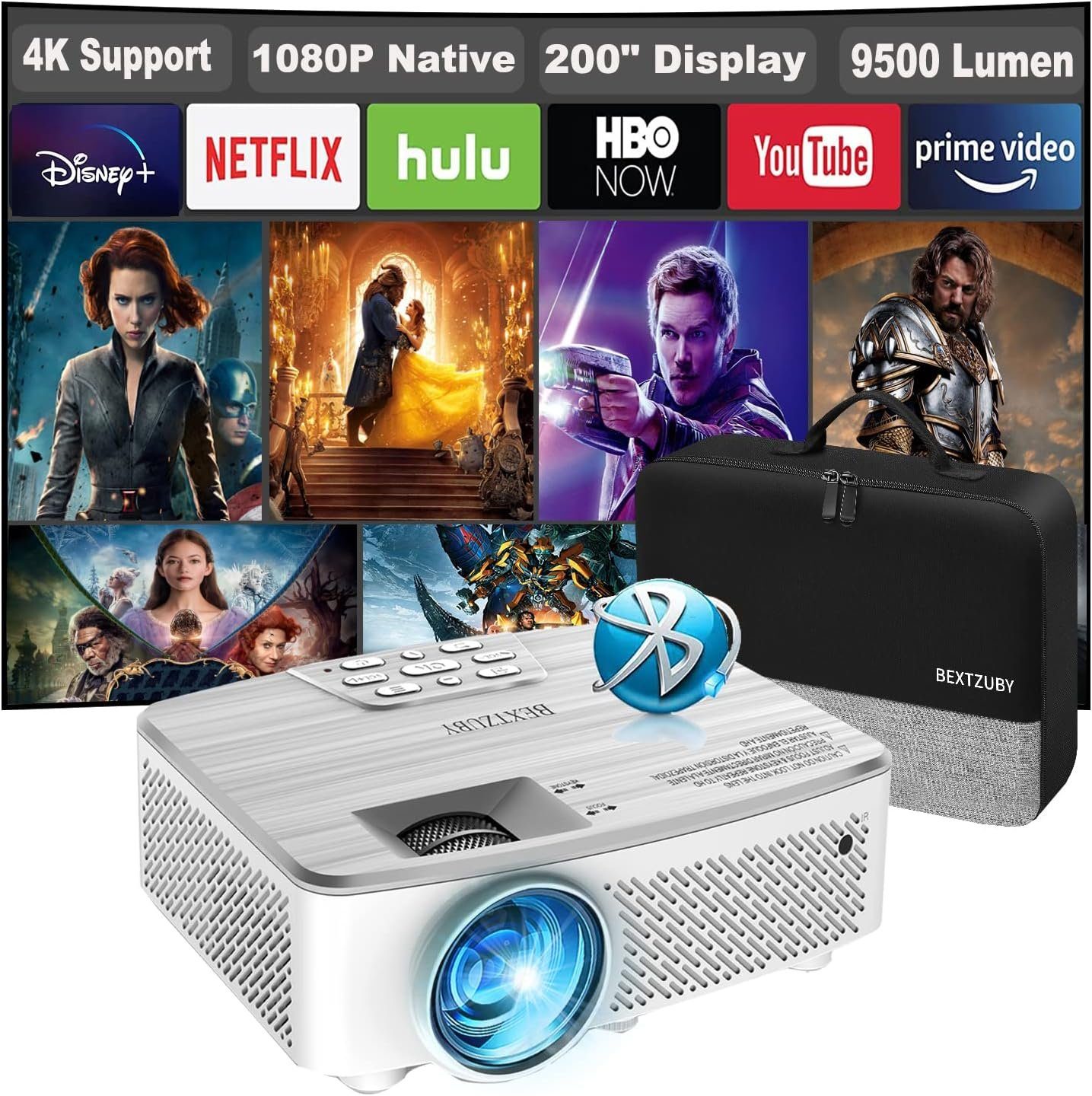 Beamer Bluetooth, 1080 Beamer x Projektor Unterstützung px, Mini Portabler 9500 200) HD 4K BEXTZUBY Full (120000:1, Lumen, 1920