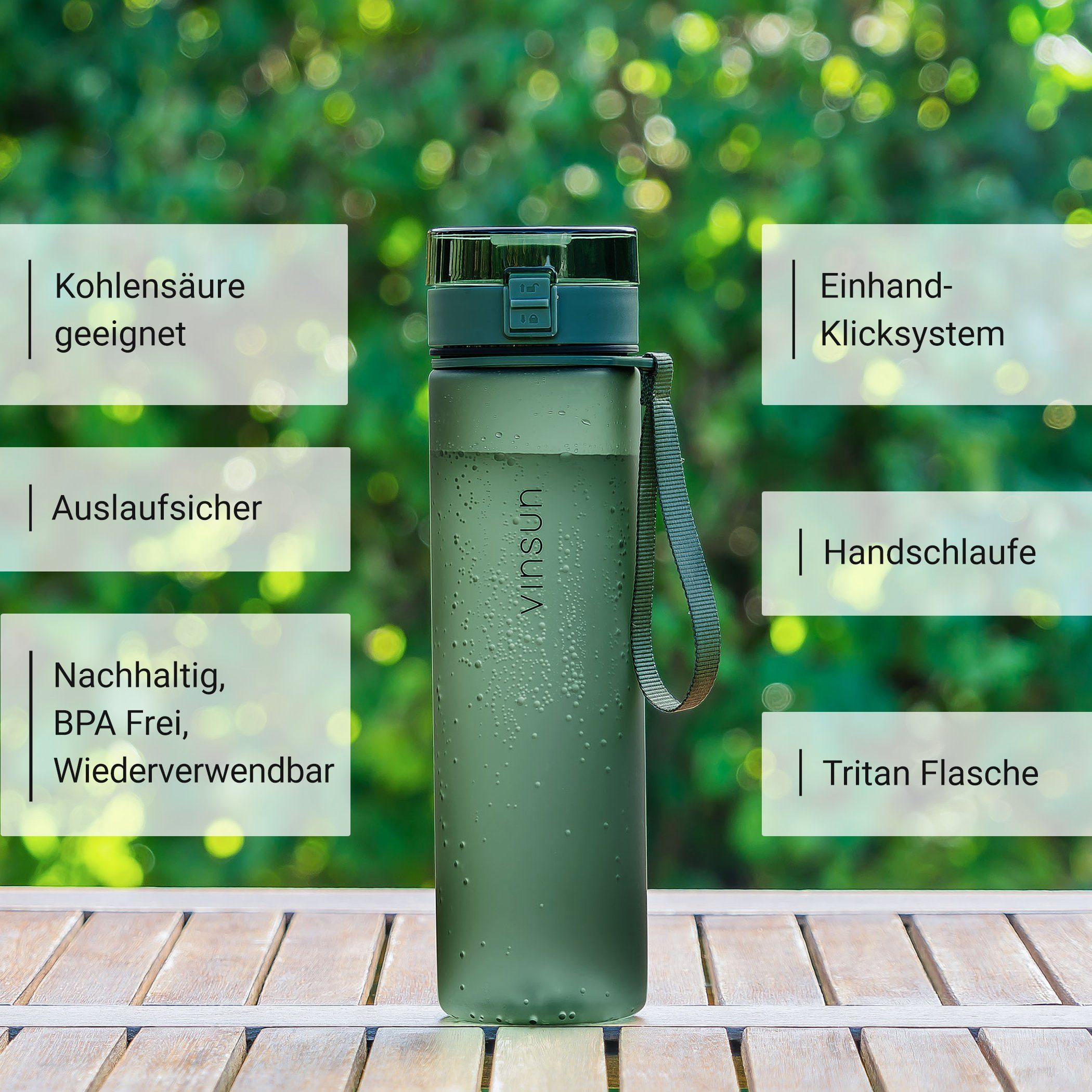 Vinsun Trinkflasche Tritan Sportflasche 1L - Wasserflasche BPA frei & Kohlensäure geeignet, Auslaufsicher, bruchsicher, geschmacksneutral, Einhand-Klicksystem