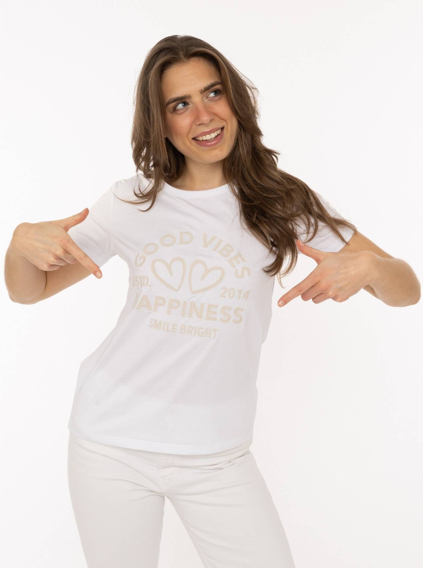 Zwillingsherz T-Shirt "Happiness Vibes" ton in ton Stickerei, kurzarm, Rundhals