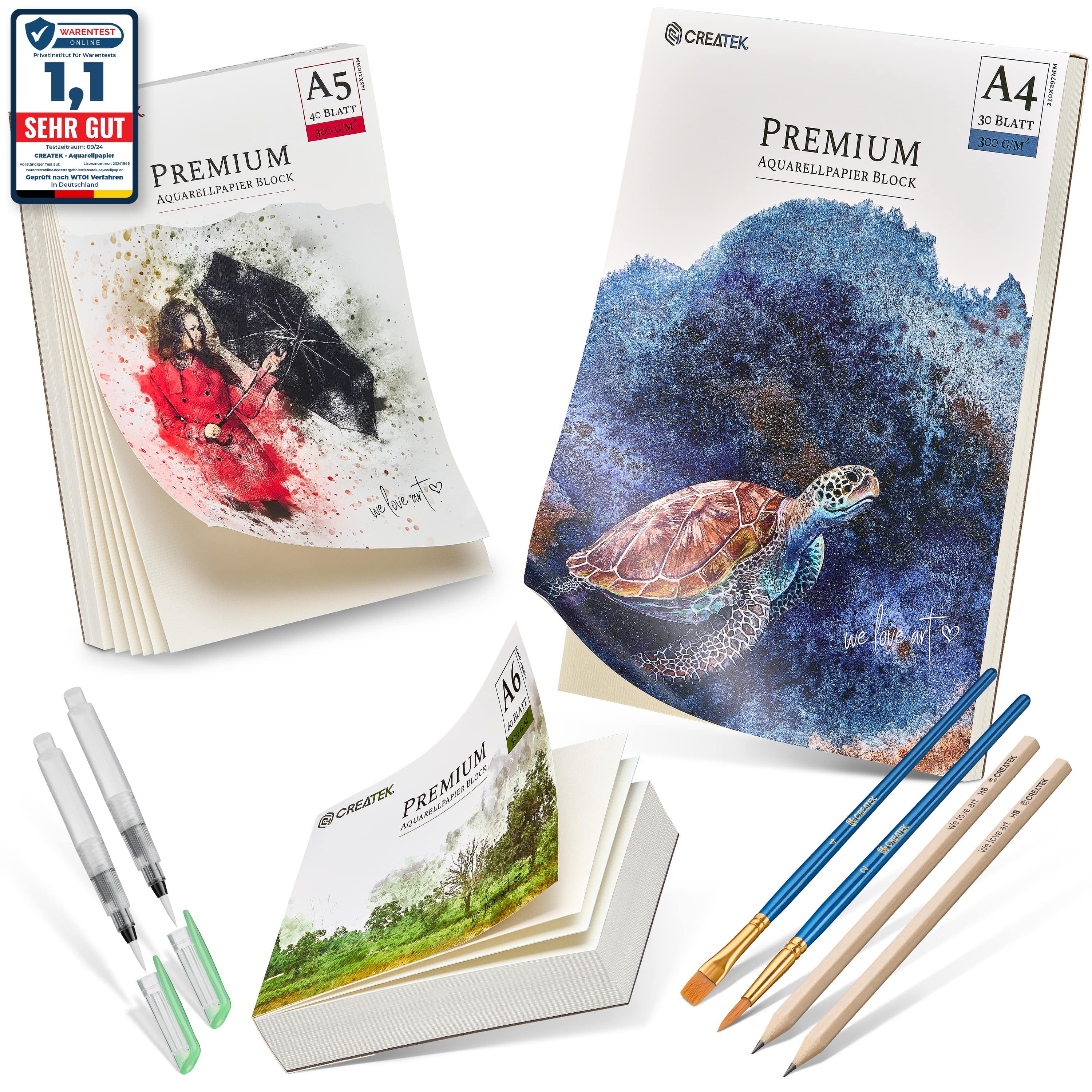 CreaTek Aquarellpapier 300g im Set je 1x A4+A5+A6 Profi Aquarell Papier & viel Zubehör, inkl. 2 Stunden Videokurs