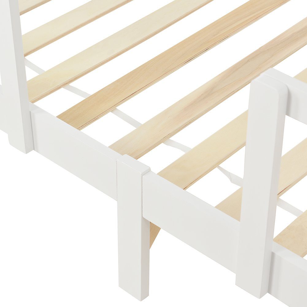 Kinderbett (Hausbett 90 x 200 cm), mit Schornstein, Rausfallschutz und Lattenrost, aus Kiefernholz