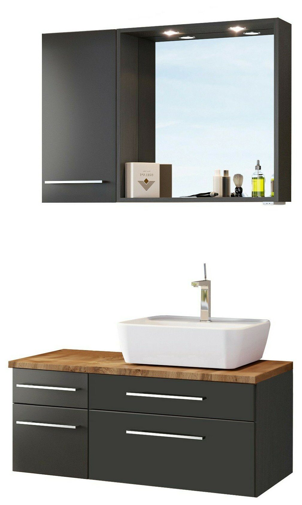 HELD MÖBEL Badmöbel-Set Waschtisch-Set Davos 90 cm -D- (rechts) graphit/matt  grau | Waschbeckenunterschränke