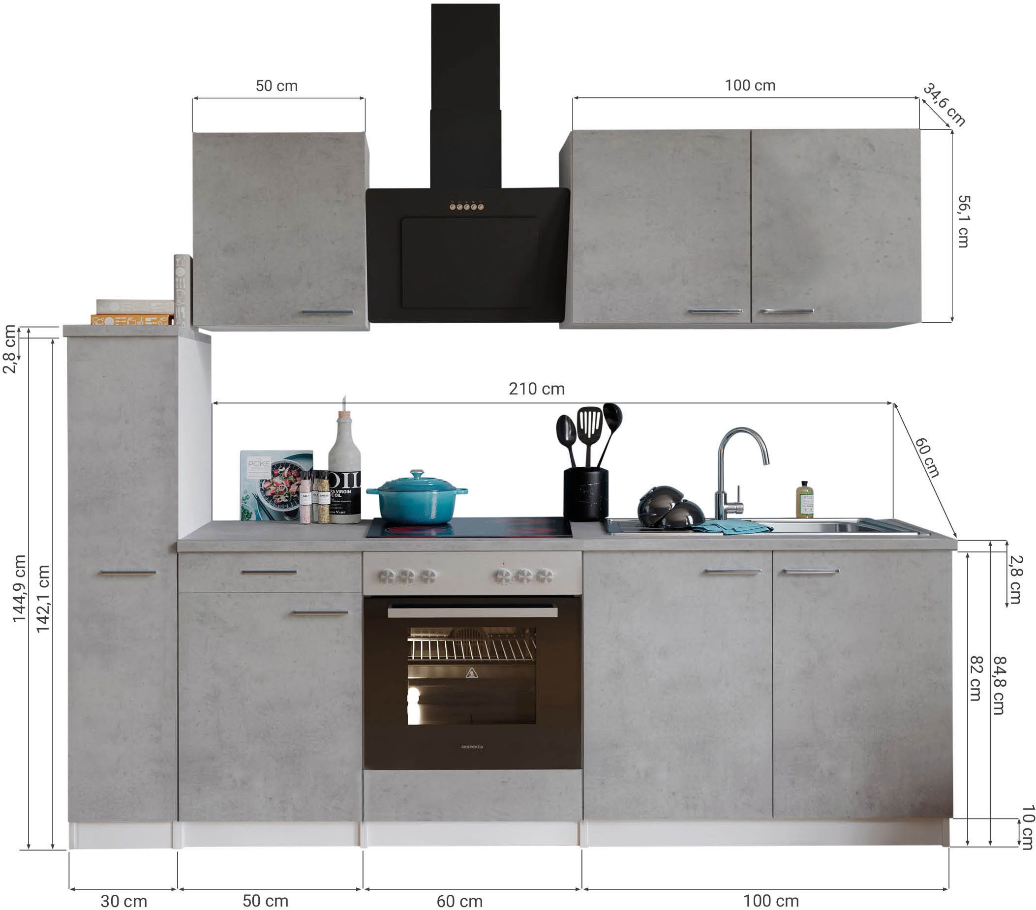 RESPEKTA Küchenzeile Malia, Breite 240 cm, 85 cm Arbeitshöhe, in exklusiver Konfiguration für OTTO