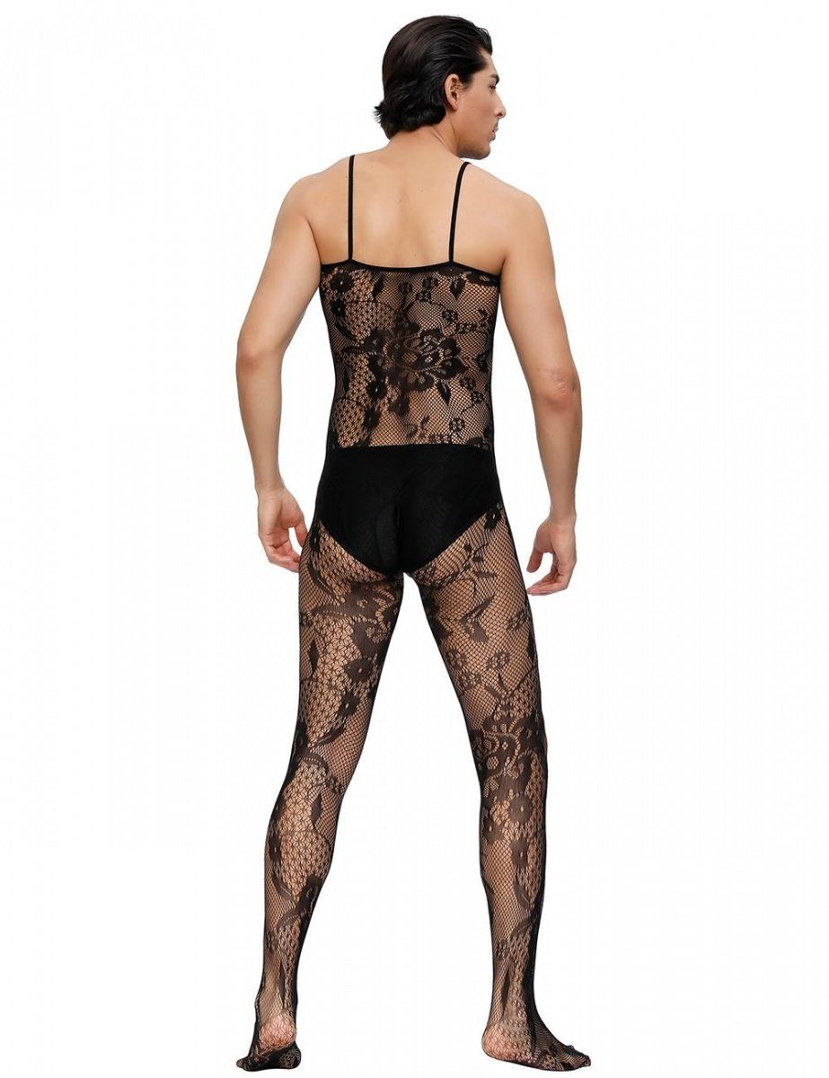 Lau-Fashion Lange Unterhose Catsuit Body Stocking Spitze Transparenz Reizwäsche Träger S/M/L