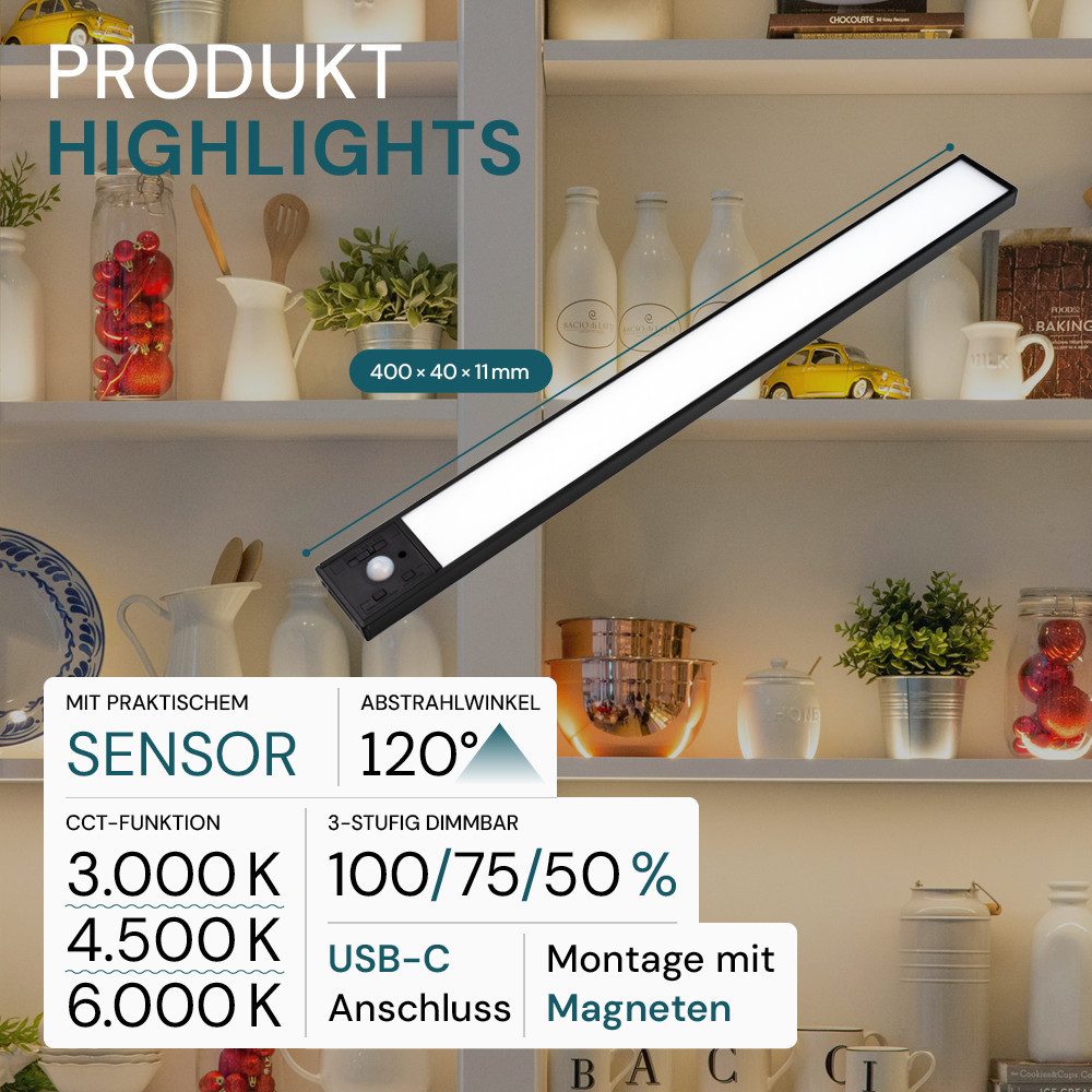LUXULA LED Unterbauleuchte LUXULA LED Unterbauleuchte 40 cm 3 W CCT einstellbar Schwarz, LED fest integriert, Farbwechsler
