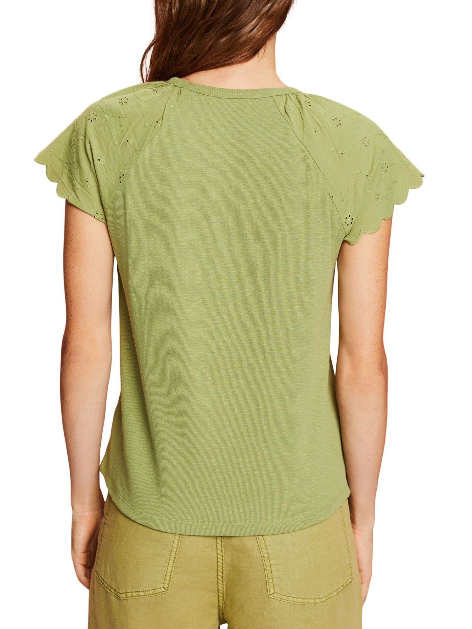 T-Shirt Esprit mit am GREEN Ärmel edc Lochstickerei PISTACHIO by T-Shirt (1-tlg)