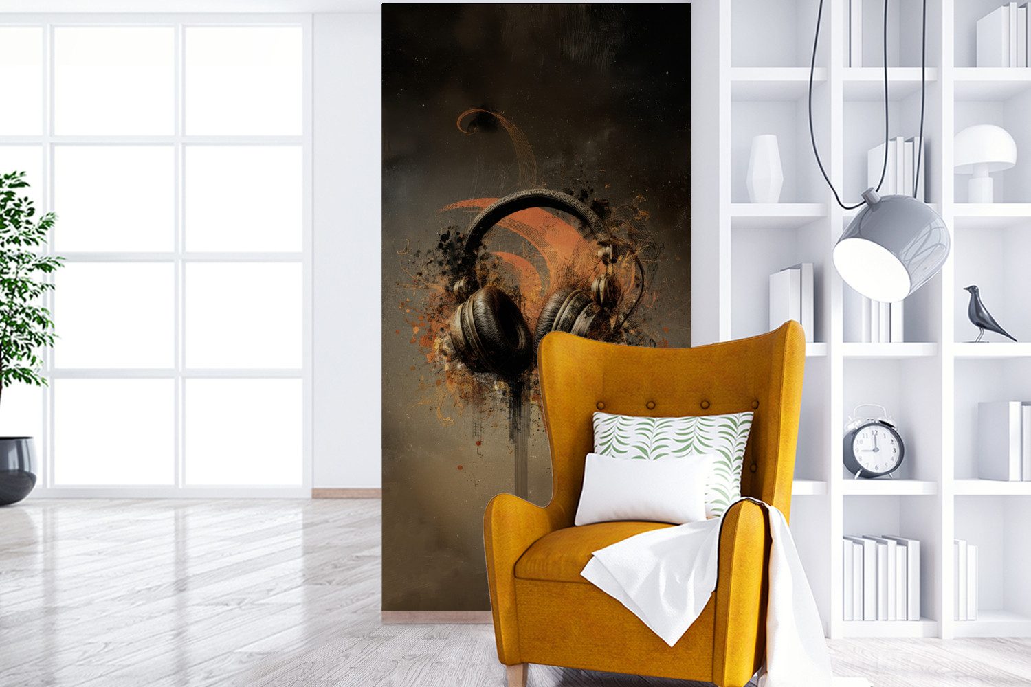 MuchoWow Fototapete Kopfhörer - Braun - Farbe - Vintage, Matt, bedruckt, Vliestapete für Wohnzimmer Schlafzimmer Küche, Fototapete, 120x240 cm