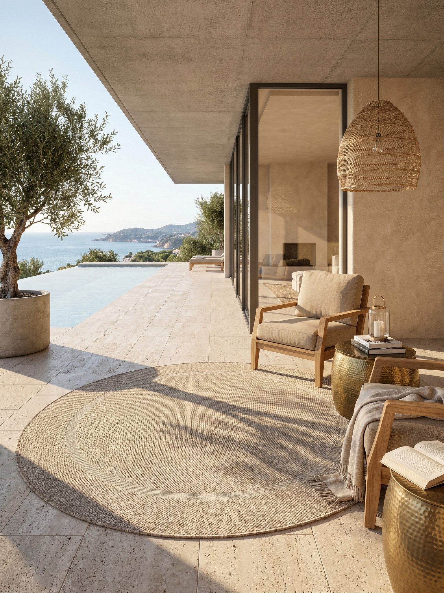 KADIMA DESIGN Outdoorteppich ALSTER Wetterfest UV-Beständig Balkon Waschbar Strapazierfähig Uni, Rund, Höhe: 3 mm, Beige, 120x120 cm, Balkonteppich Fußbodenheizung Waschbar