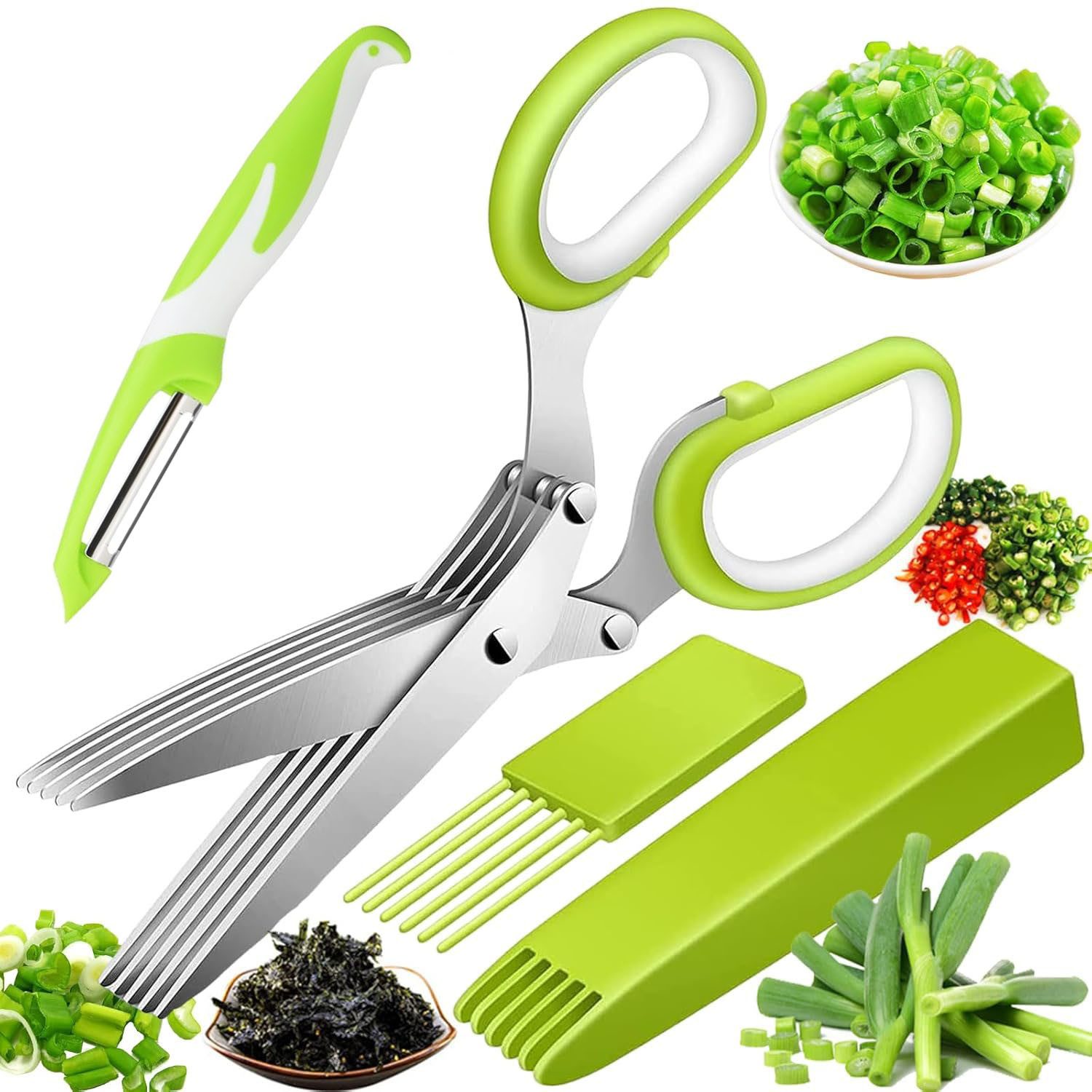 SURFOU Kräuterschere Edelstahl 5 Klingen Küchen Schnittlauchschere Gemüseschere, mit ReinigungKamm und Sicherheitsabdeckung Abstreiflöchern für Kräuter