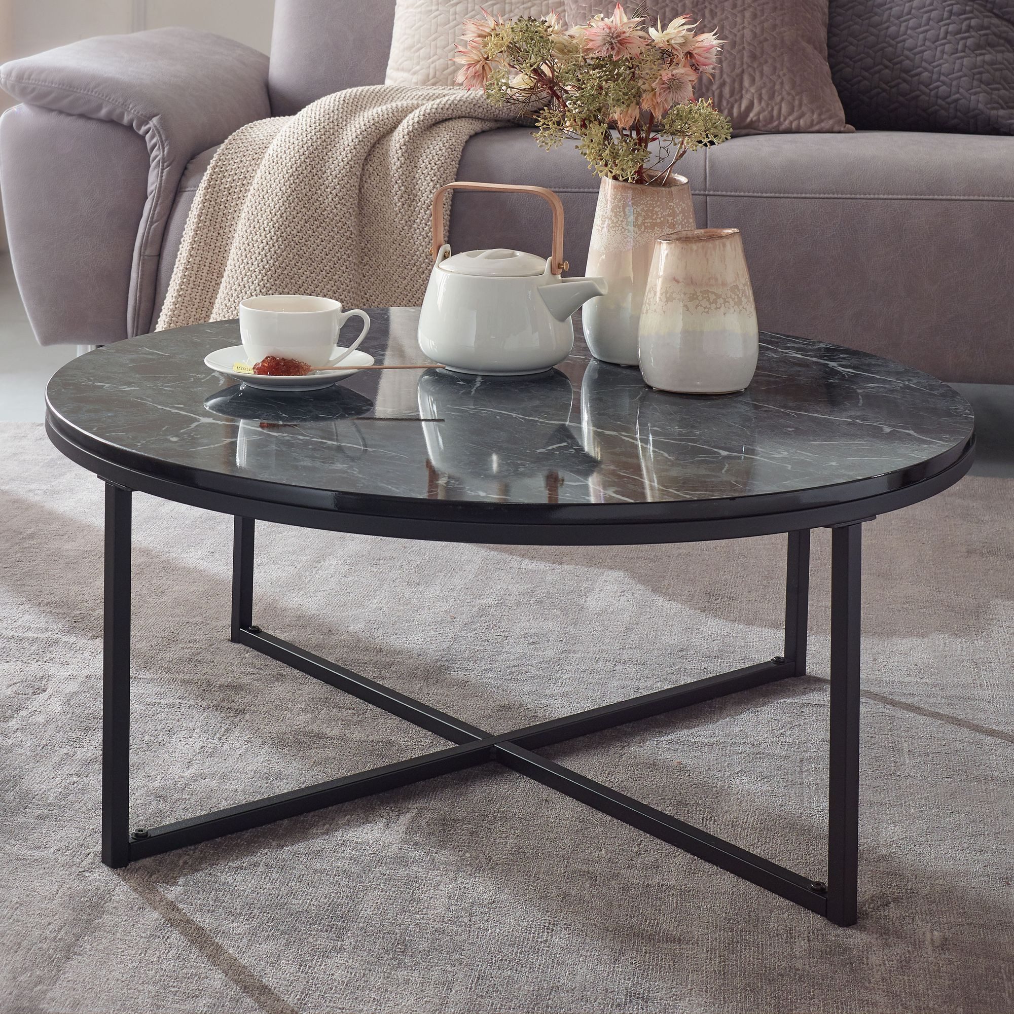 Wohnling Couchtisch WL6.247 Marmor Optik Schwarz Tisch Ø80cm Wohnzimmertisch Rund Metal (80x36x80 cm Marmor Optik Schwarz, Sofatisch Rund), Wohnzimmertisch mit Metall-Gestell, Kaffeetisch
