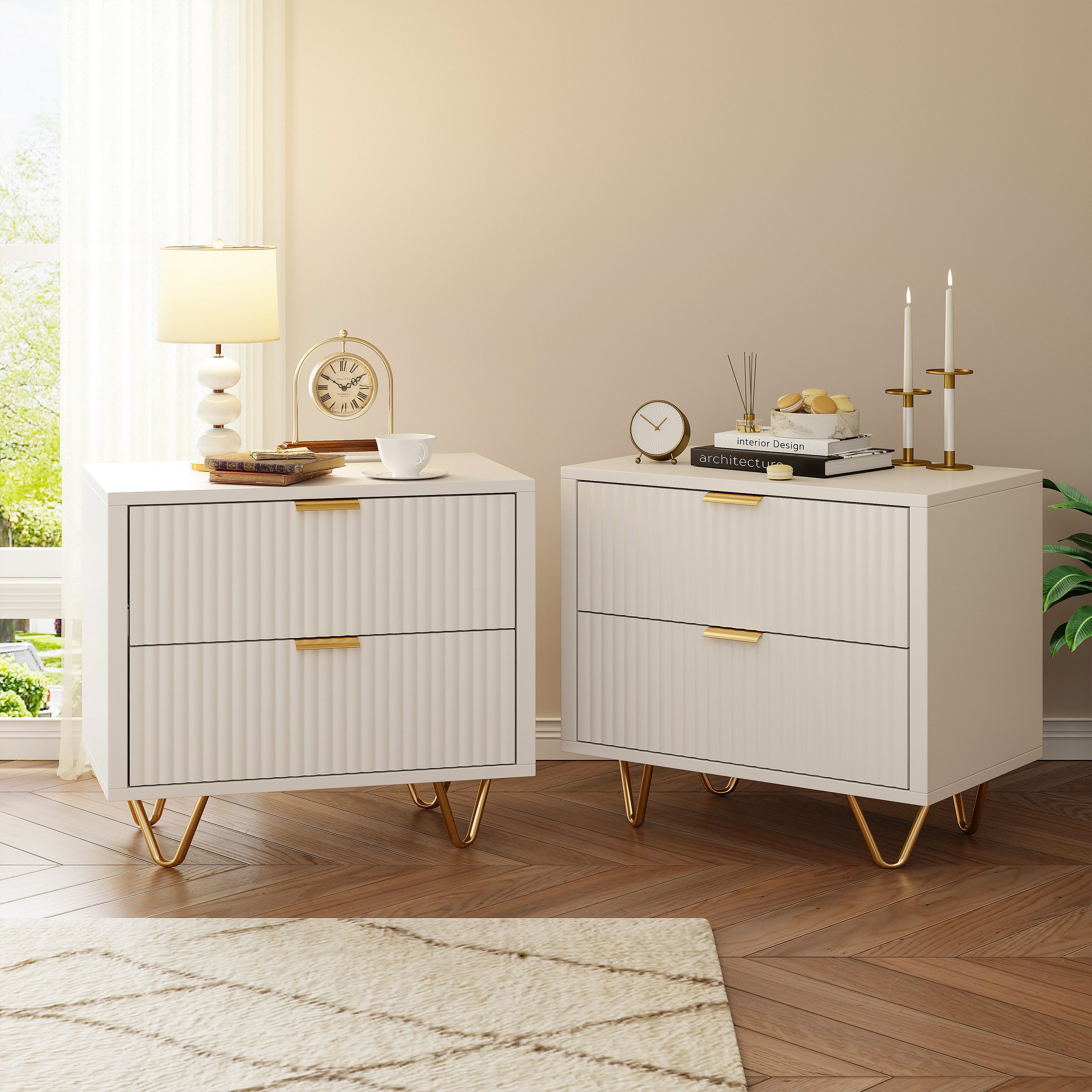 FUROKOY Nachttisch 2er set Nachtschrank mit Schubladen, Beistelltisch mit Metallbeine (Weiß Sofatisch Beistelltisch mit 2 Schubladen), Schubladenschrank für Schlafzimmer Flur Wohnzimmer, 40 x 40 x 55 cm