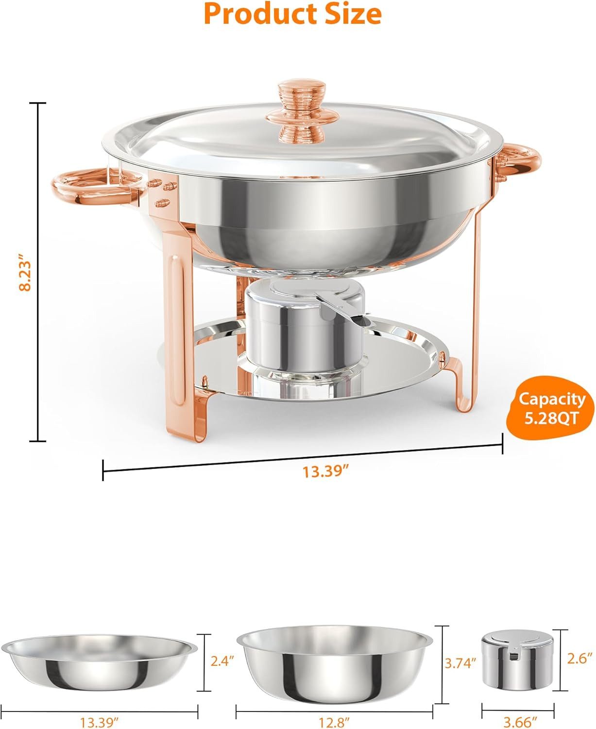 GarveeMore Speisenwärmer 5L runde Edelstahl-Chafing-Dishes und Warmhaltebehälter, (6-tlg), Speisenwärmer Roségold mit Glasdeckel für Catering,Partys,Abendessen – Bild 2 von 5