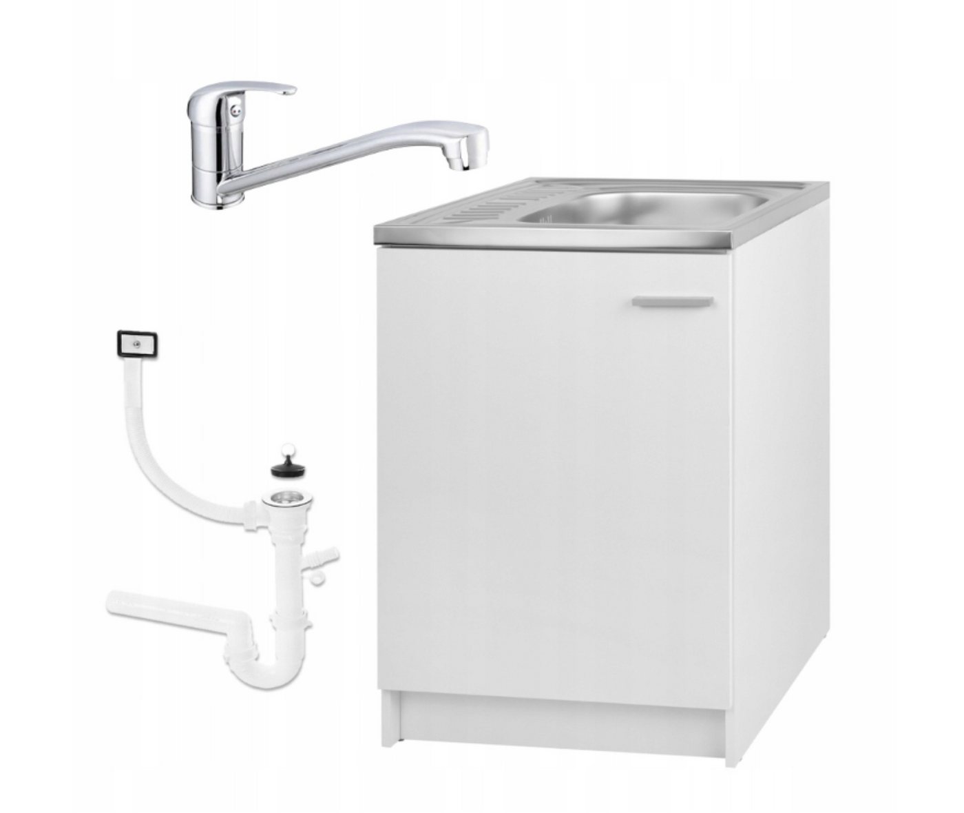 STAMAR Spülenschrank Komplettset Slim 60cm Weiß Spüle Deante Armatur Chrom Siphon Abtropf Unterschrank stehend 1 Tür 60x50cm Geschirrspüler Bohrung Edelstahl