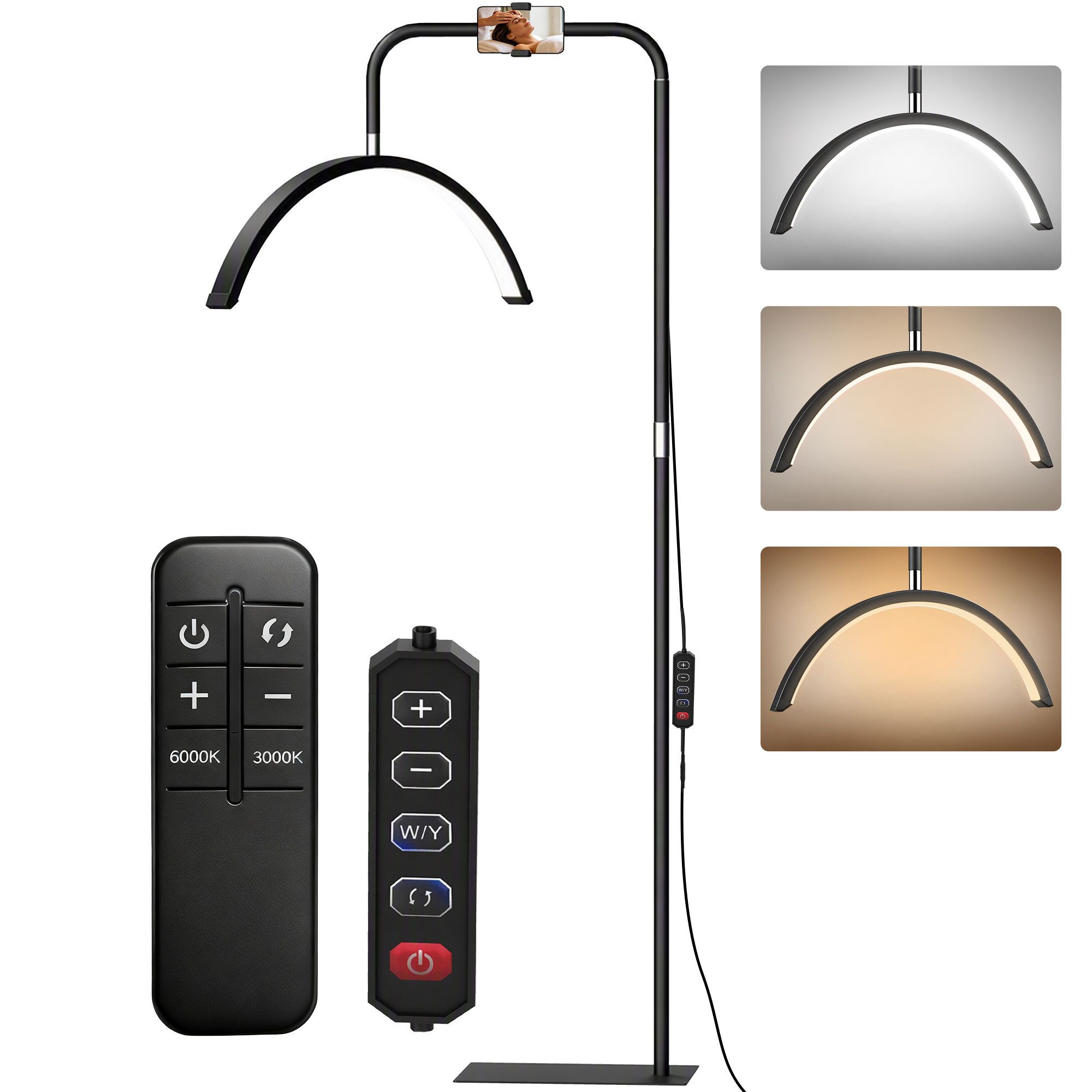 HOMCOM Stehlampe LED Halbmond Wimpern Lampe mit Telefonhalter, Dimmfunktion, LED fest integriert, Tageslichtweiß, für Wimpernverlängerung, Tattoo, Nägel, Hautp
