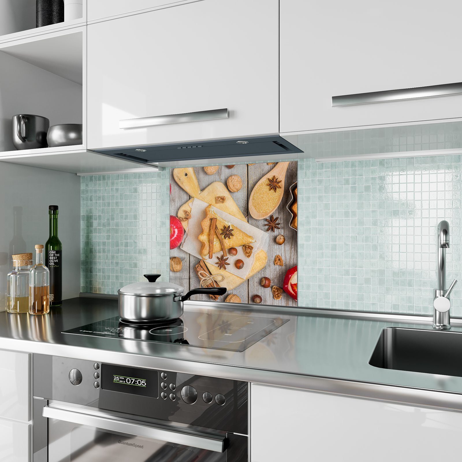 Motiv Apfelkuchen Küchenrückwand Glas mit Küchenrückwand Primedeco Vorbereitung Spritzschutz