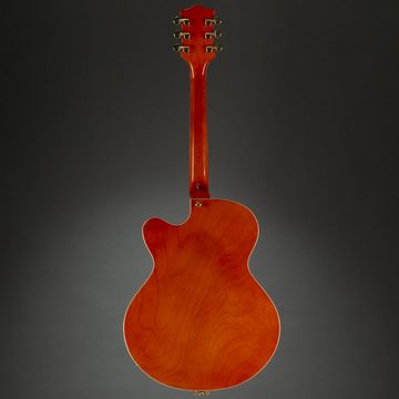 FAME Halbakustik-Gitarre, SE Series Big Boy Orange Halbakustikgitarre, elektrische halbakustische Gitarre mit Humbucker Tonabnehmer, Semi Electric Guitar mit Riegelahorndecke, SE Series Big Boy Orange Halbakustikgitarre, elektrische halbakustis