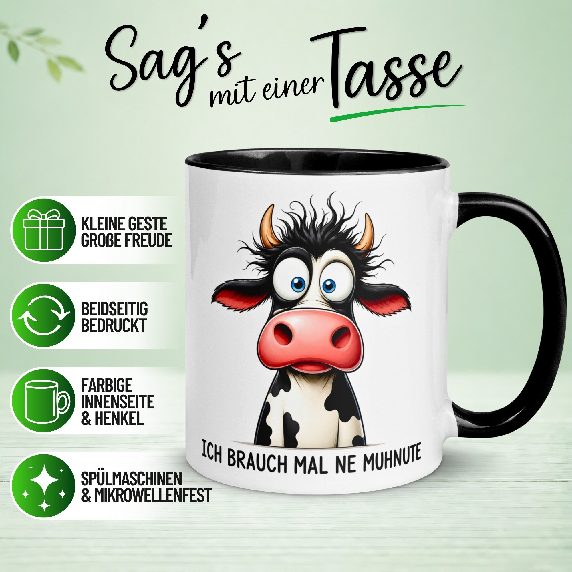 Momentals Tasse Kuh – „Ich brauch mal ne Muhnute“ – lustige Bürotasse für Kollegen, Gratis Versand · Links-&Rechtshänder · Spülmaschinenfest