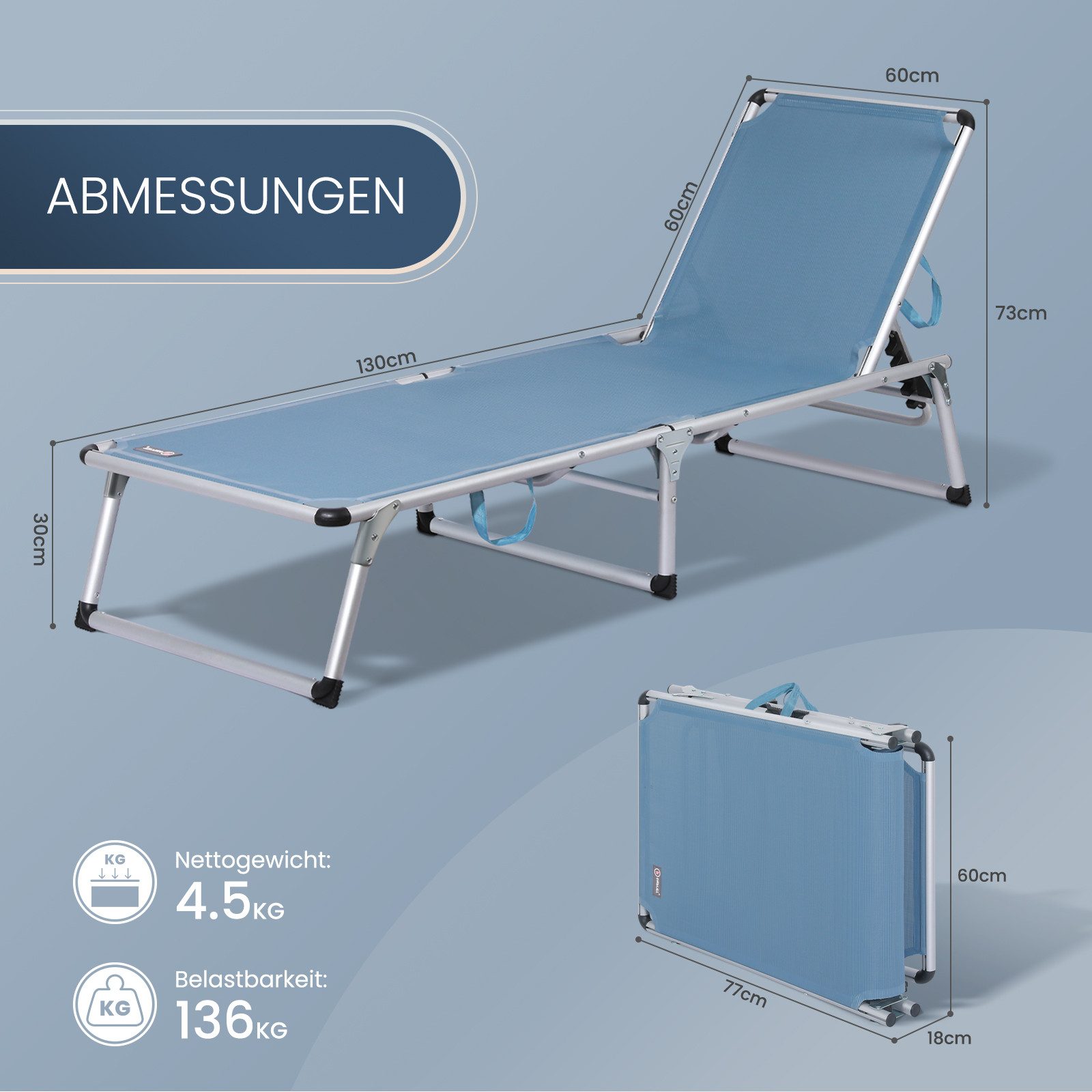 HOMECALL Gartenliege Leicht Sonnenliege Klappbar Alu Liegestuhl Strandliege, 1-tlg, 5 fach Verstellbare Rückenlehne, Sonnenschutzdach, bis 136KG