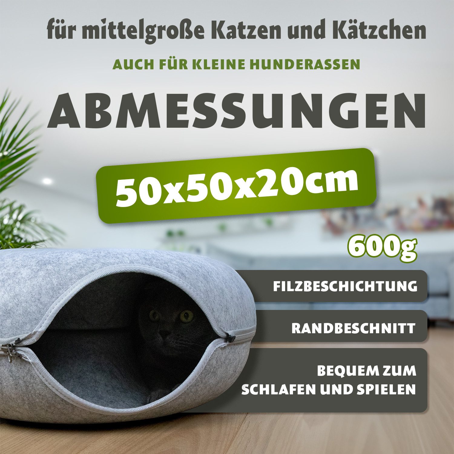 KVOTA Katzenliege Katzentunnel KatzenhöhleSpielhöhle Grau 50x50x20cm aus Filz, rund