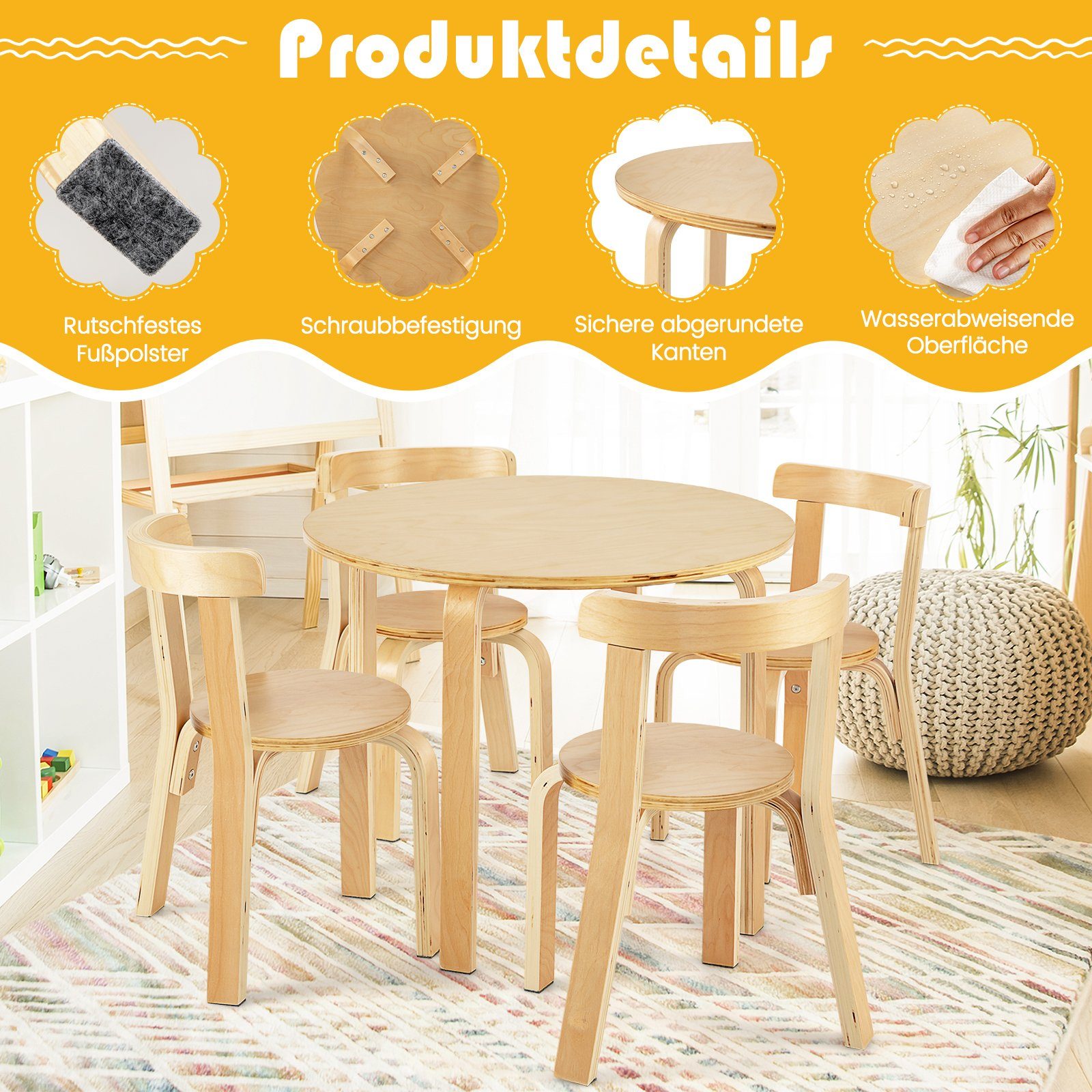 COSTWAY Kindersitzgruppe, (5-tlg), Kinderschreibtisch mit 4 Stühlen, aus Holz