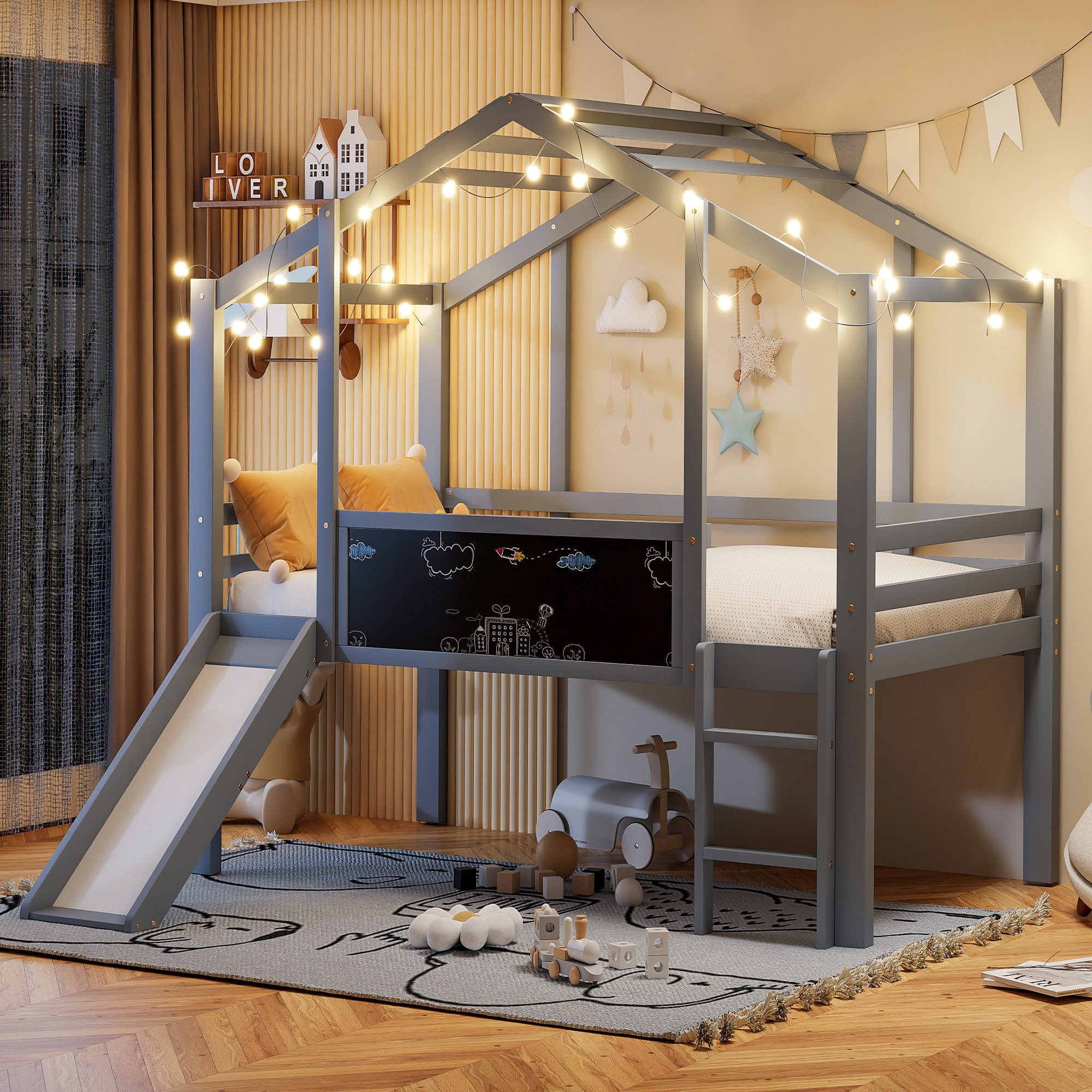 OKWISH Etagenbett Kinderbett Metallbett (mit Leiter, Sicherheitsgeländer und integriertem Schuhschrank, 90×200 cm & 140×200 cm), ohne Matratze