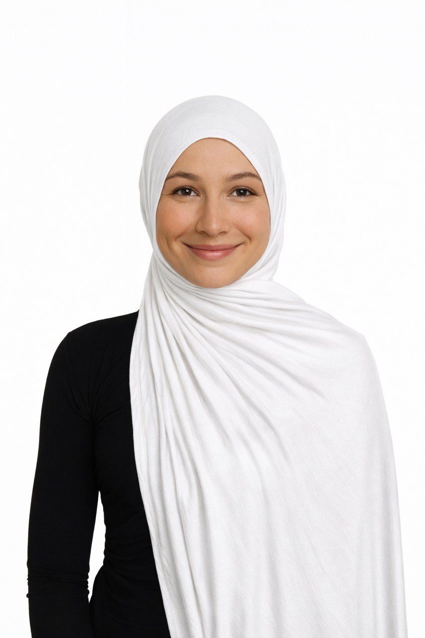 Aymasal Kopftuch Easy Jersey Hijab to-go Kopftuch Schal Weiß Extra lang 180x70, Durch zusatznaht vorne kein binden notwendig